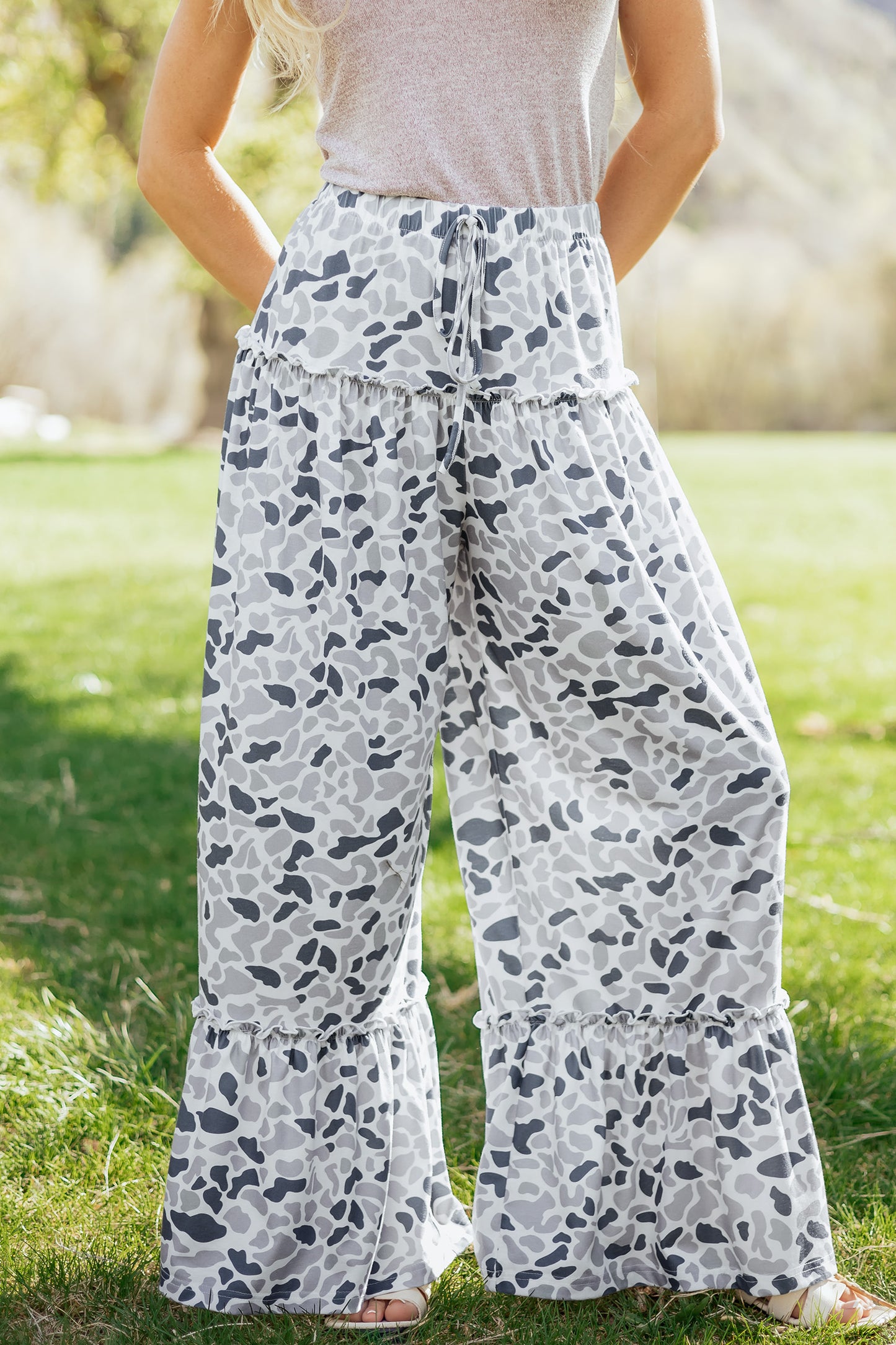 Beige Camo Print Elastic Waist Wide Leg Pants | S–XL