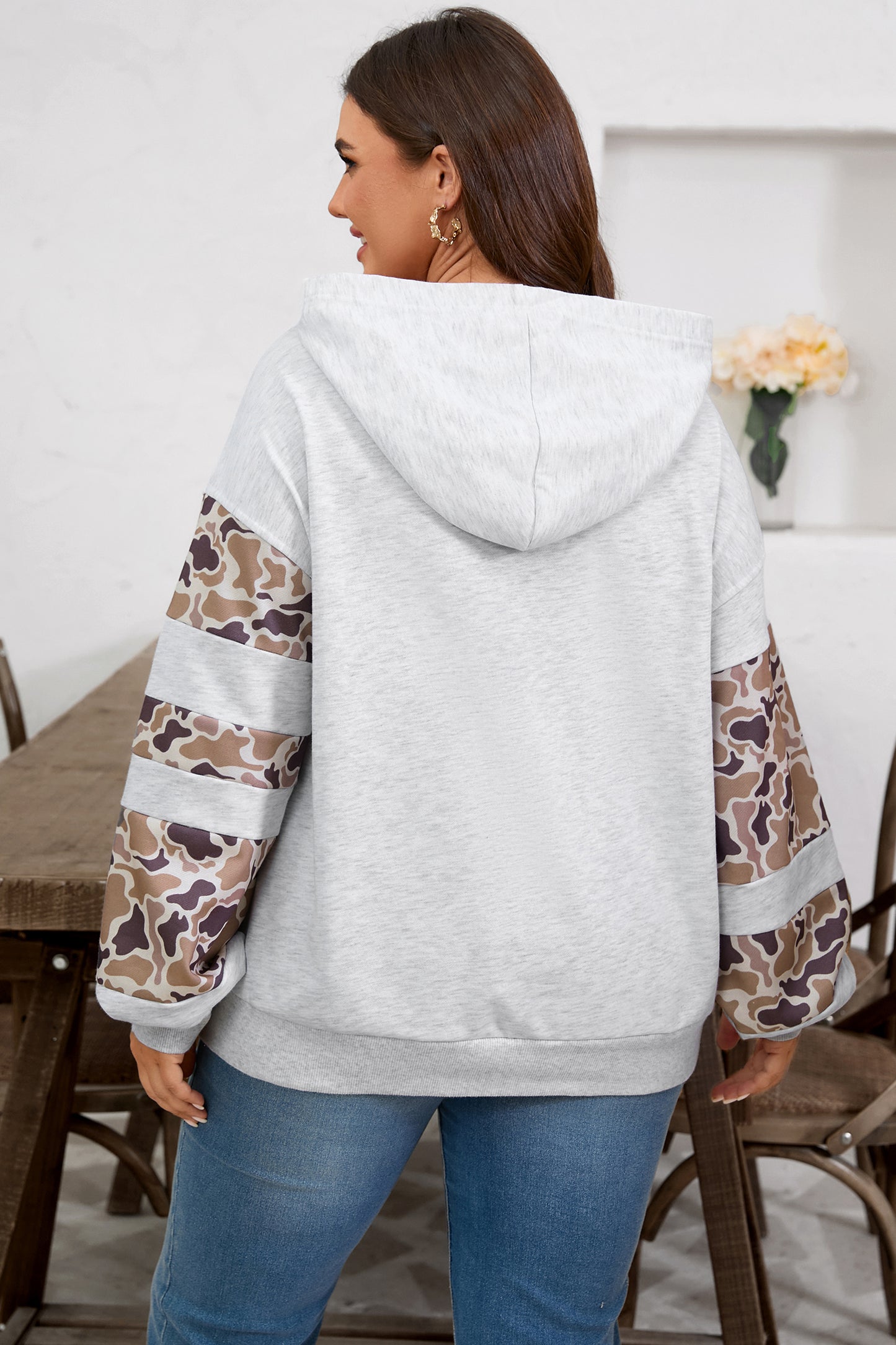 Camo Patchwork Asymmetric Sleeve Hoodie | Plus Size | Light Grey | 1X–4X