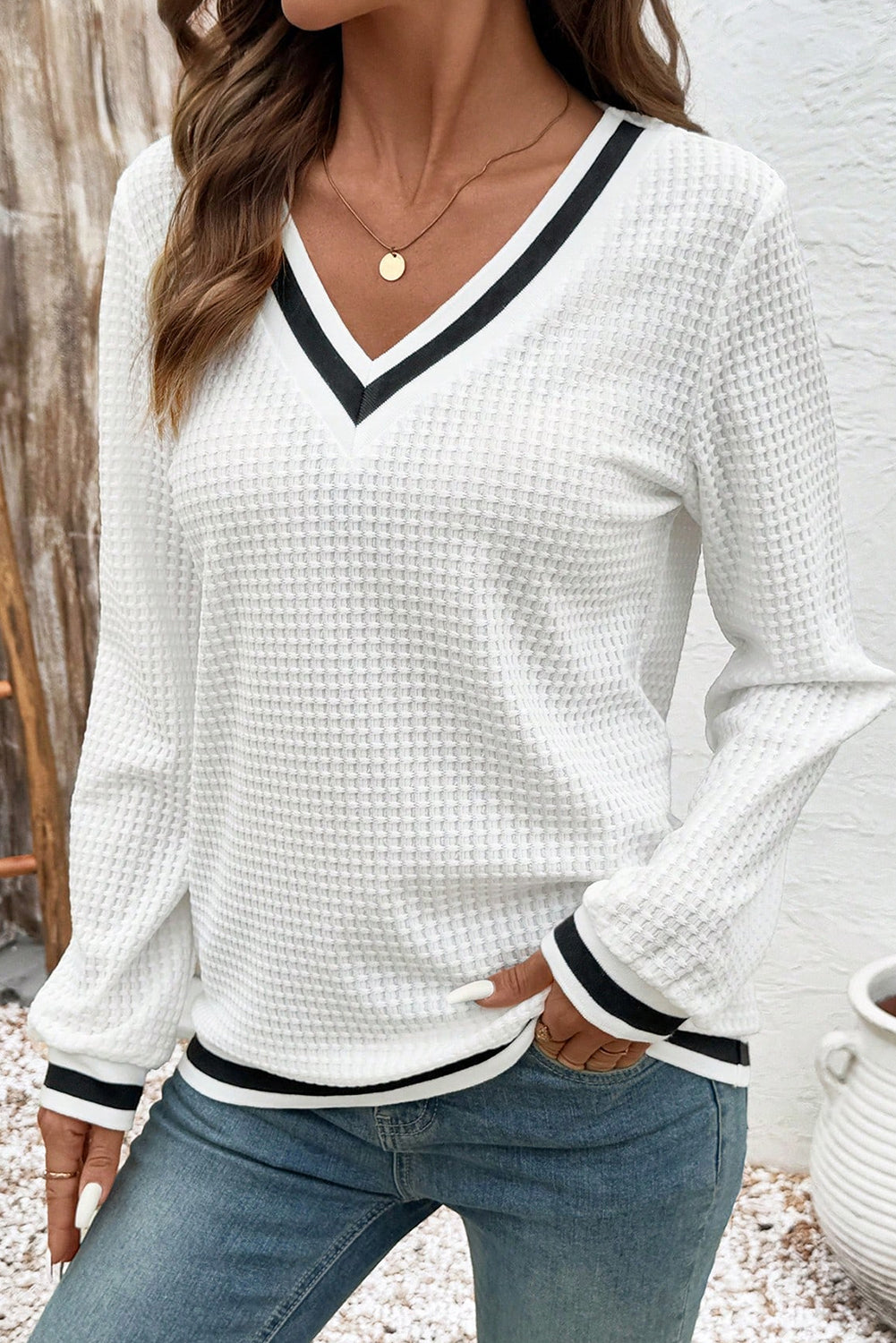 White Waffle Knit Preppy Striped Trim V-Neck Pullover Top