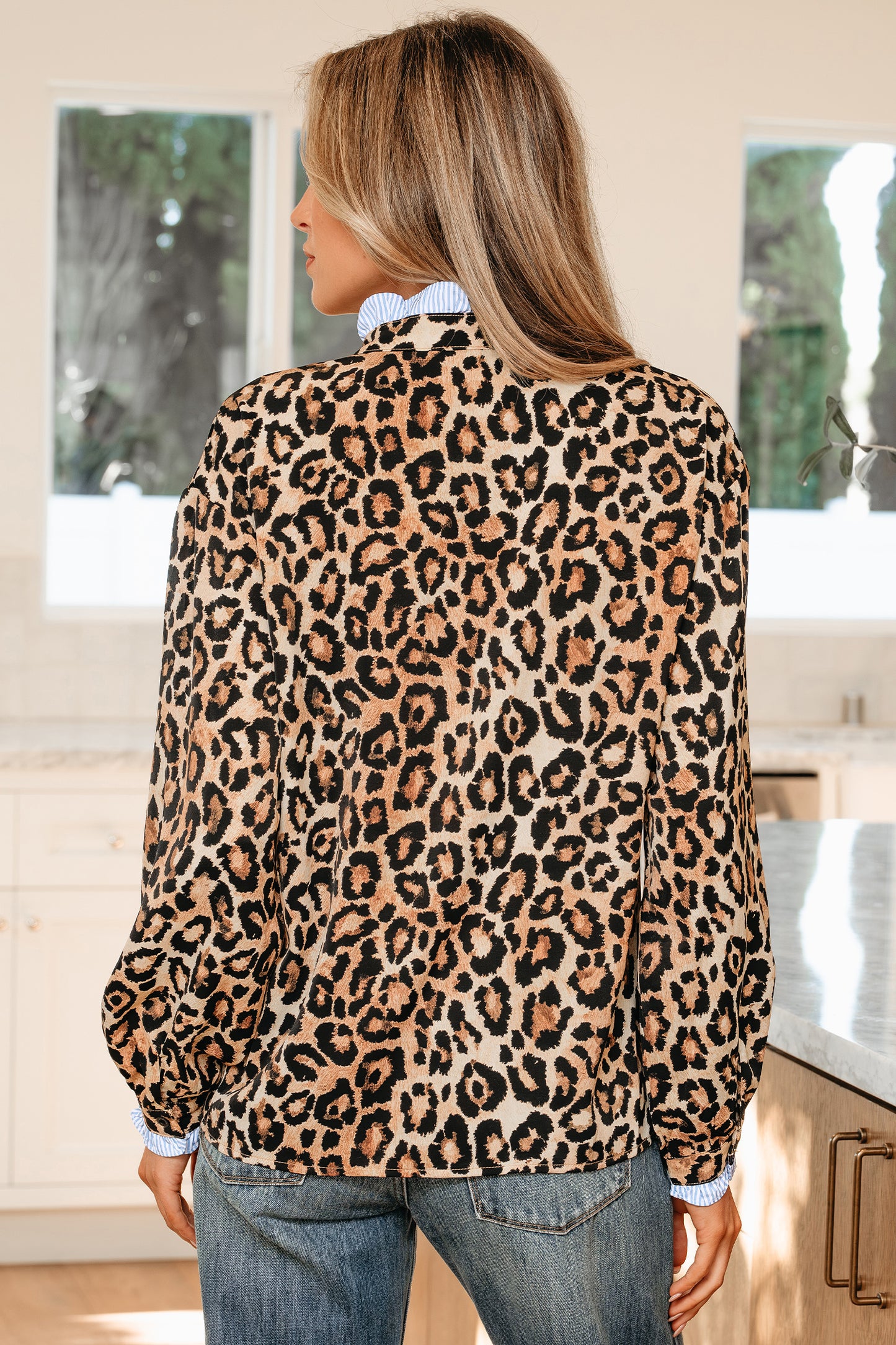 Leopard Print Striped Frilled Trim Shirt | Brown | S–XL