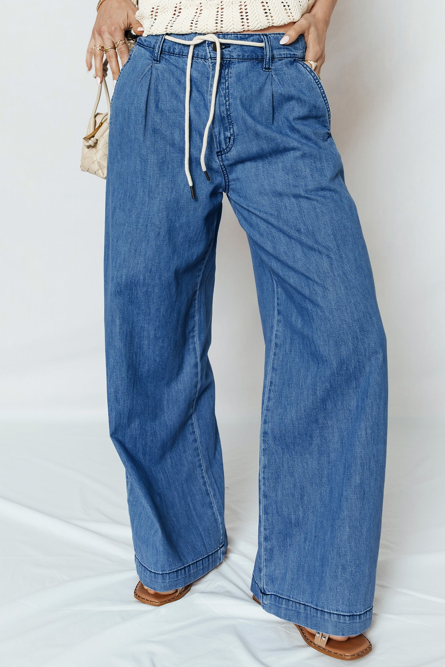 Lace-Up Pull-On Wide Leg Jeans