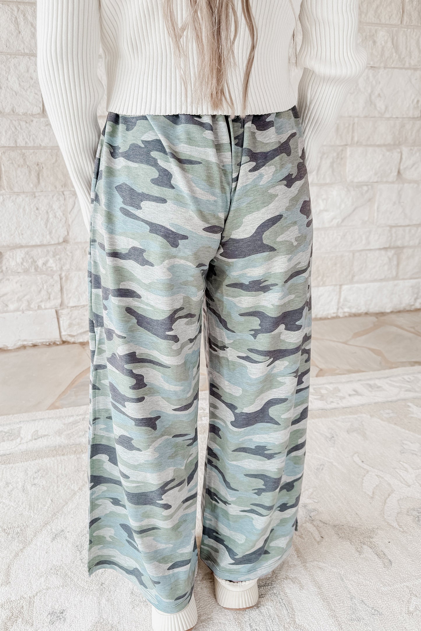 Women's Green Camo Wide Leg Drawstring Elastic Waist Pants S to XL