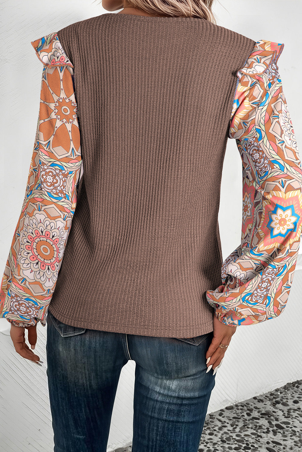 Ruffled Floral Sleeve Waffle Knit Blouse – Blue & Coffee Women S–XL