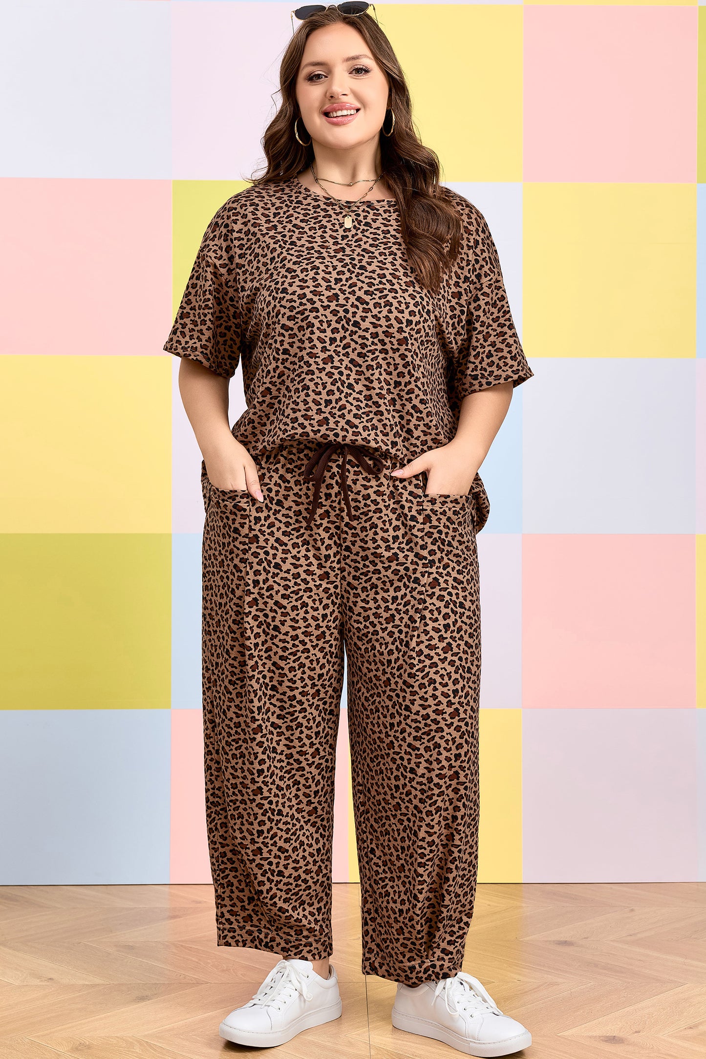 Plus Size Leopard Print Loose Top and Pleated Pants Set Women 1X–4X