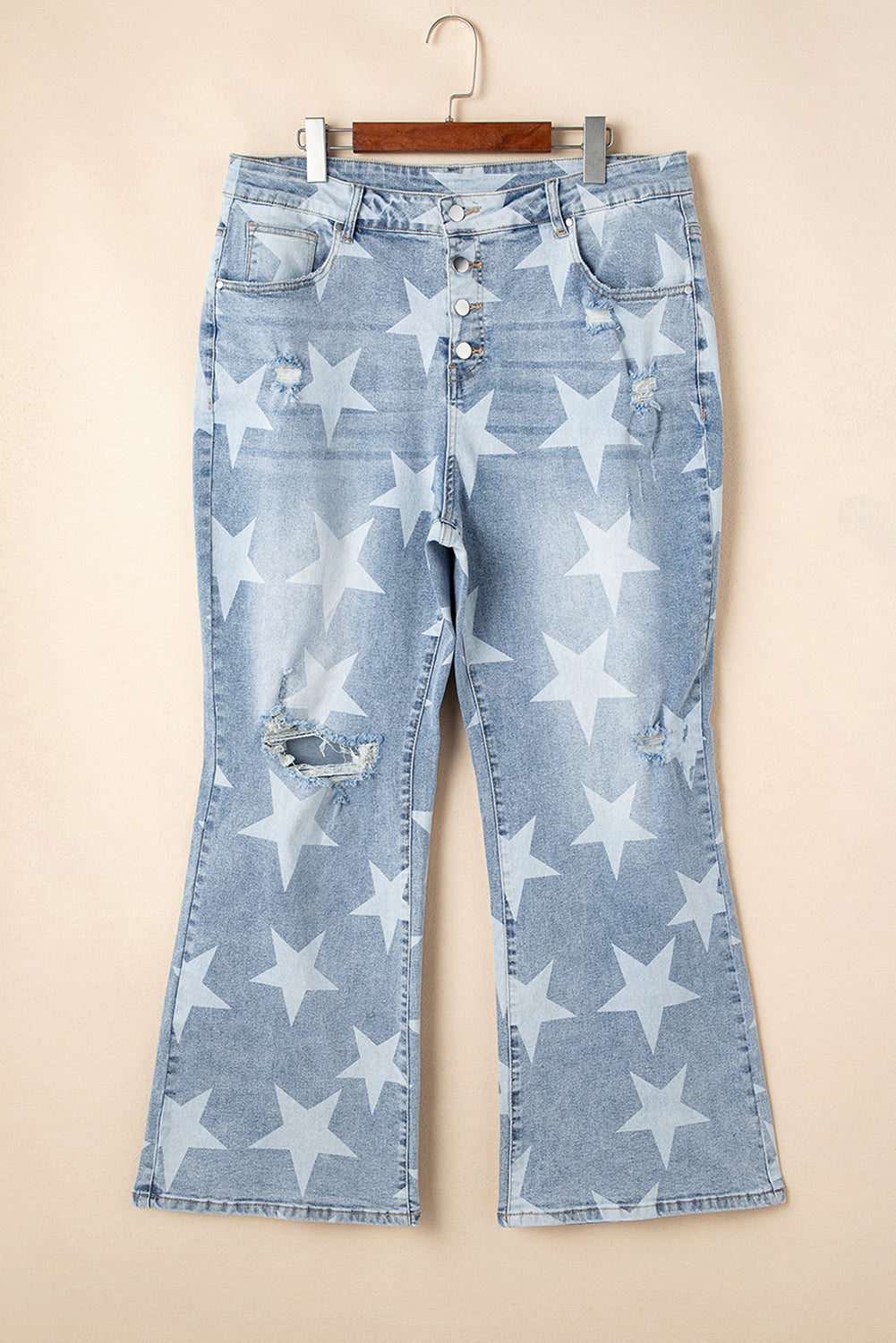 Star Print Multi-Button Slit Knee Distressed Jeans | Plus Size | Sky Blue | 1X–4X
