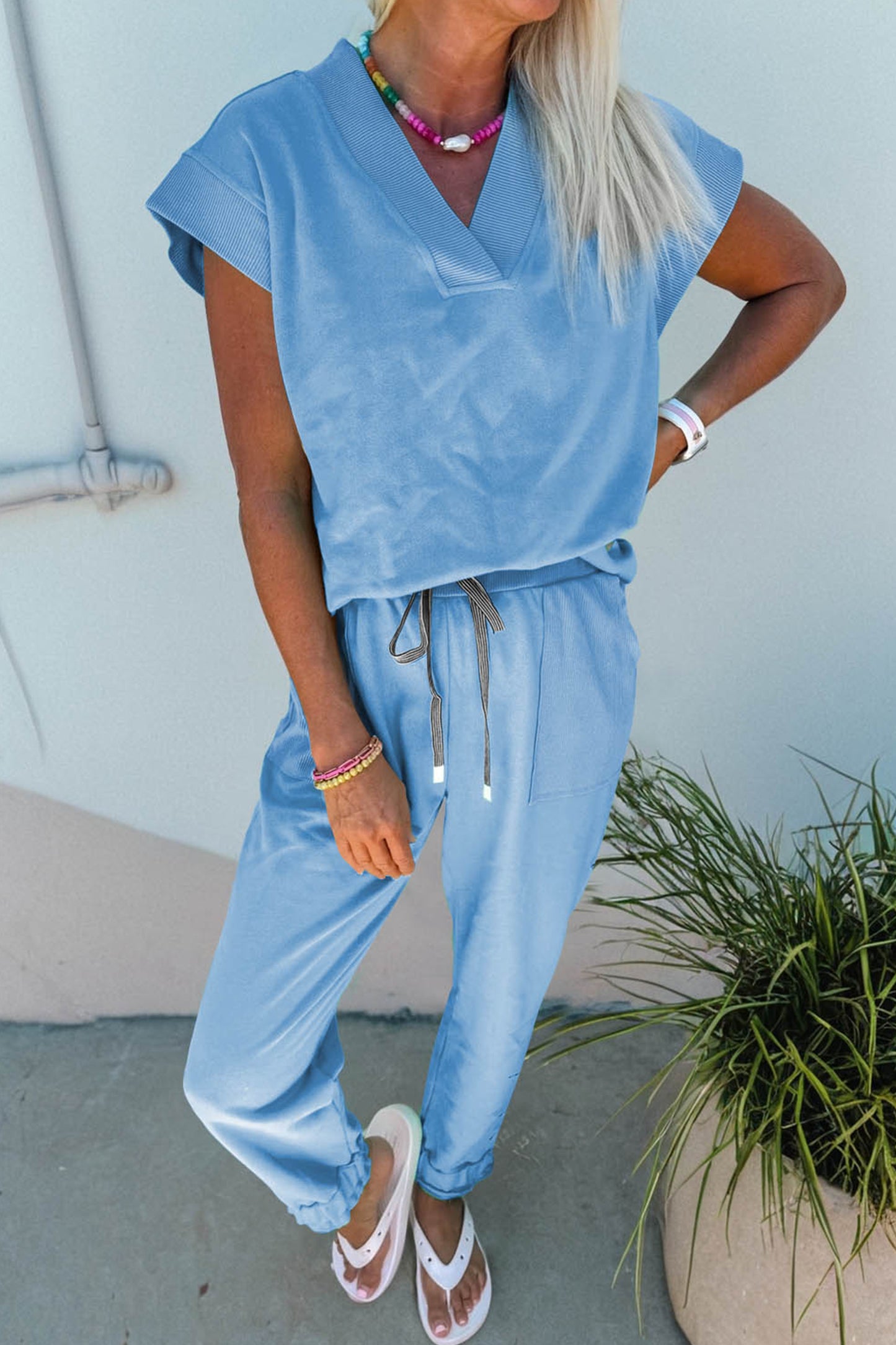V-Neck Tee & Drawstring Pant Lounge Set | Pink, Mint, Apricot & Blue | S–XL
