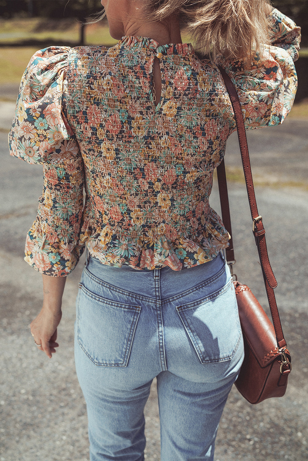 Multicolor Floral Print Smocked Bubble Sleeve Ruffled Crop Top