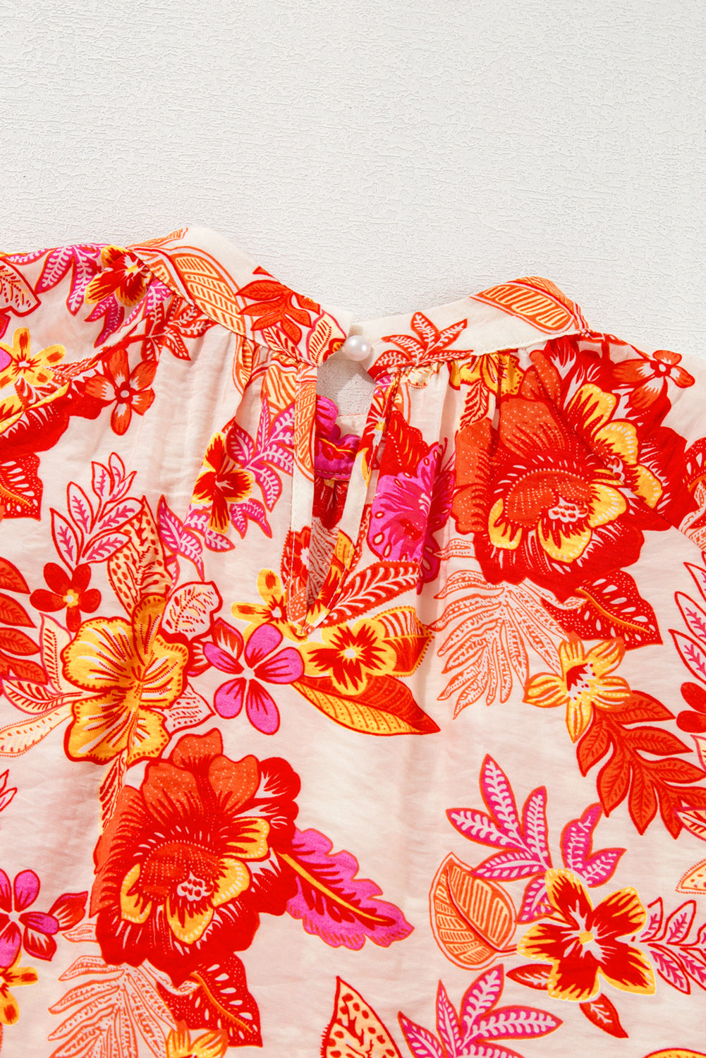 Floral Print Puff Sleeve Blouse with Pearl Button Keyhole | Orange