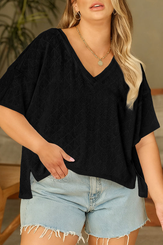 Lightweight Knit V-Neck Short Sleeve Top – Plus Size Black Light Pink Beige Blue L–4X