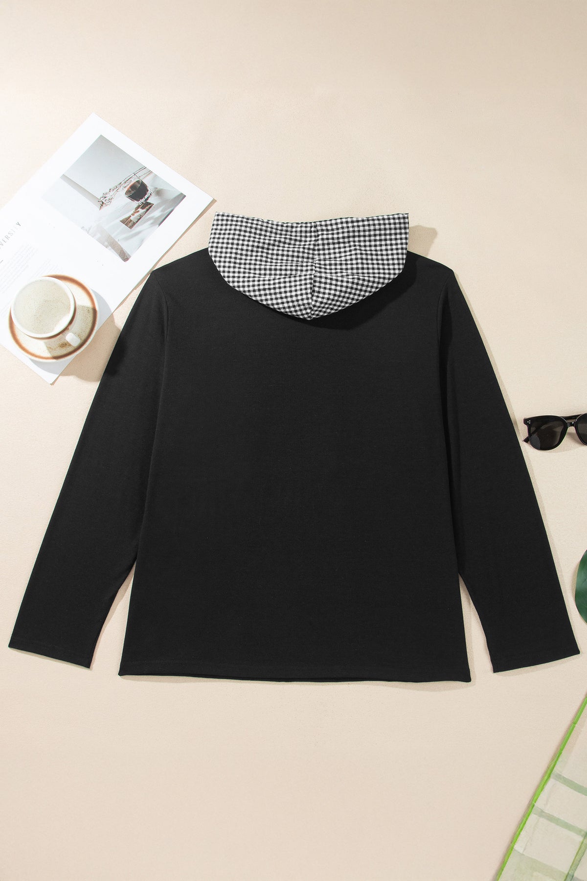 Women's Plus Size Black Hooded Checkered Print Long Sleeve Shirt 1X to 4X