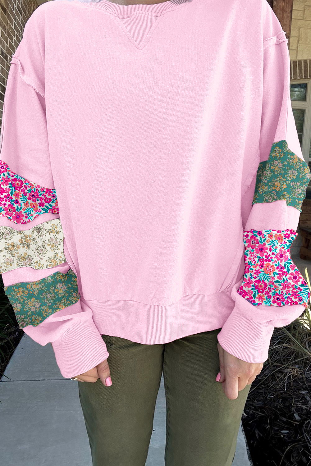 Plus Size Floral Patched Sleeve Ribbed Trim Baggy Sweatshirt