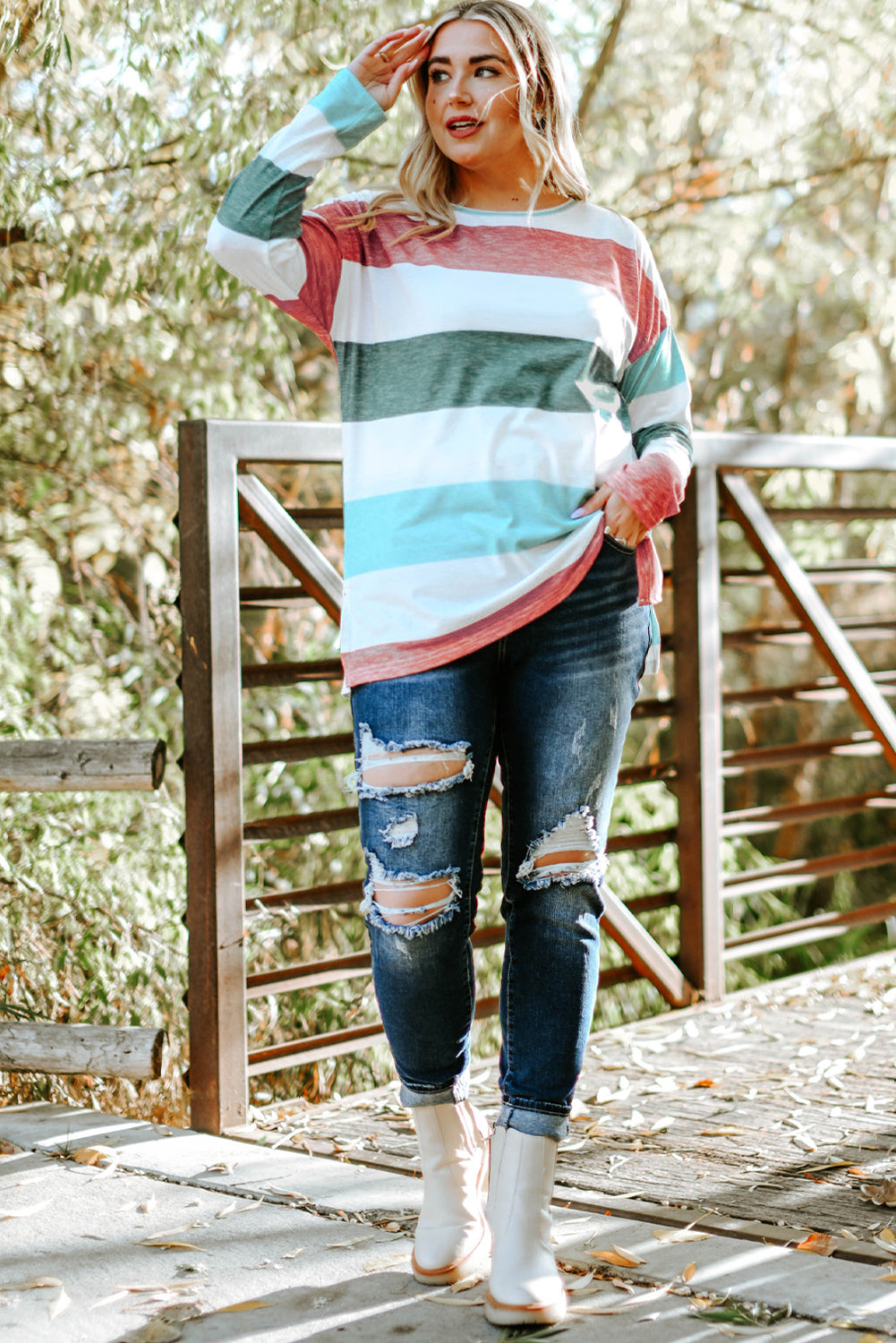 Plus Size Striped Long Sleeve Top Women Multicolor 1X–4X