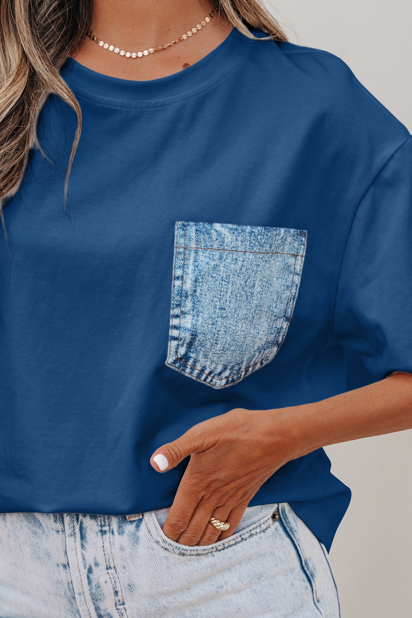 Color Block Short-Sleeve Top with Printed Patch Pocket | Sail Blue & White