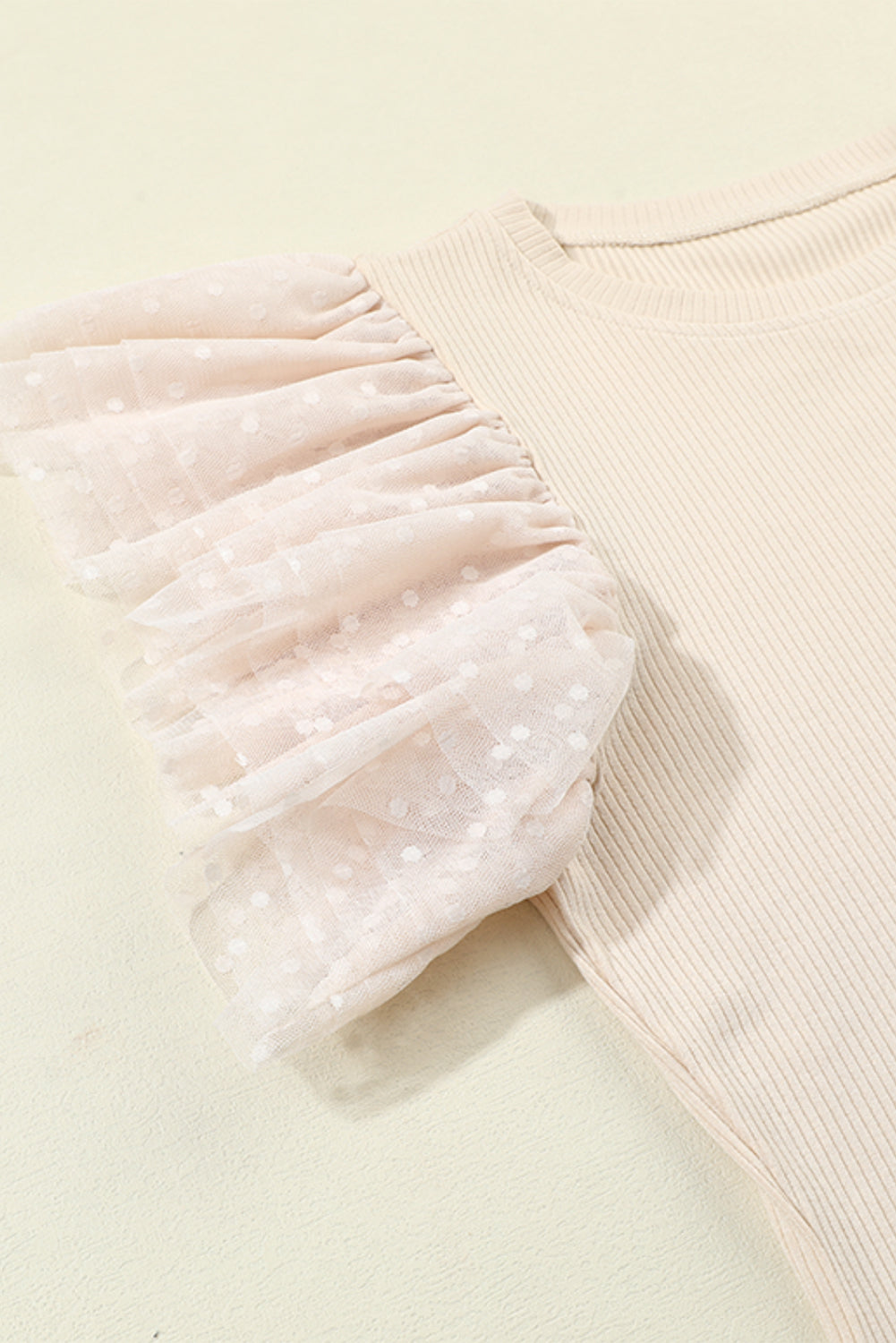 Beige Mesh Ruffle Sleeve Ribbed Knit Top