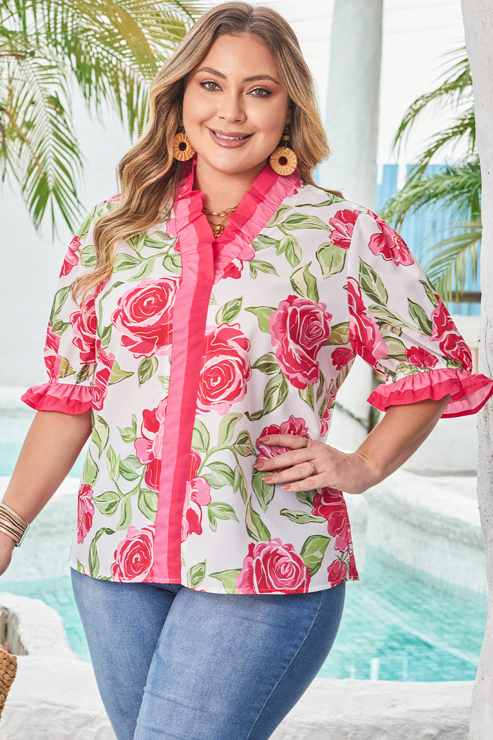 Plus Size Pink Floral Ruffle Blouse Women 1X–4X