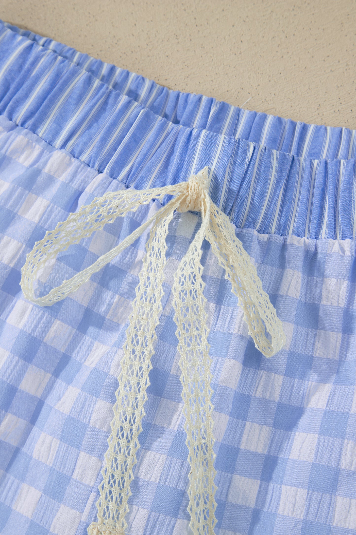 Plaid Print Ruffle Shorts with Striped Detail & Lace Tie | Women S–XL