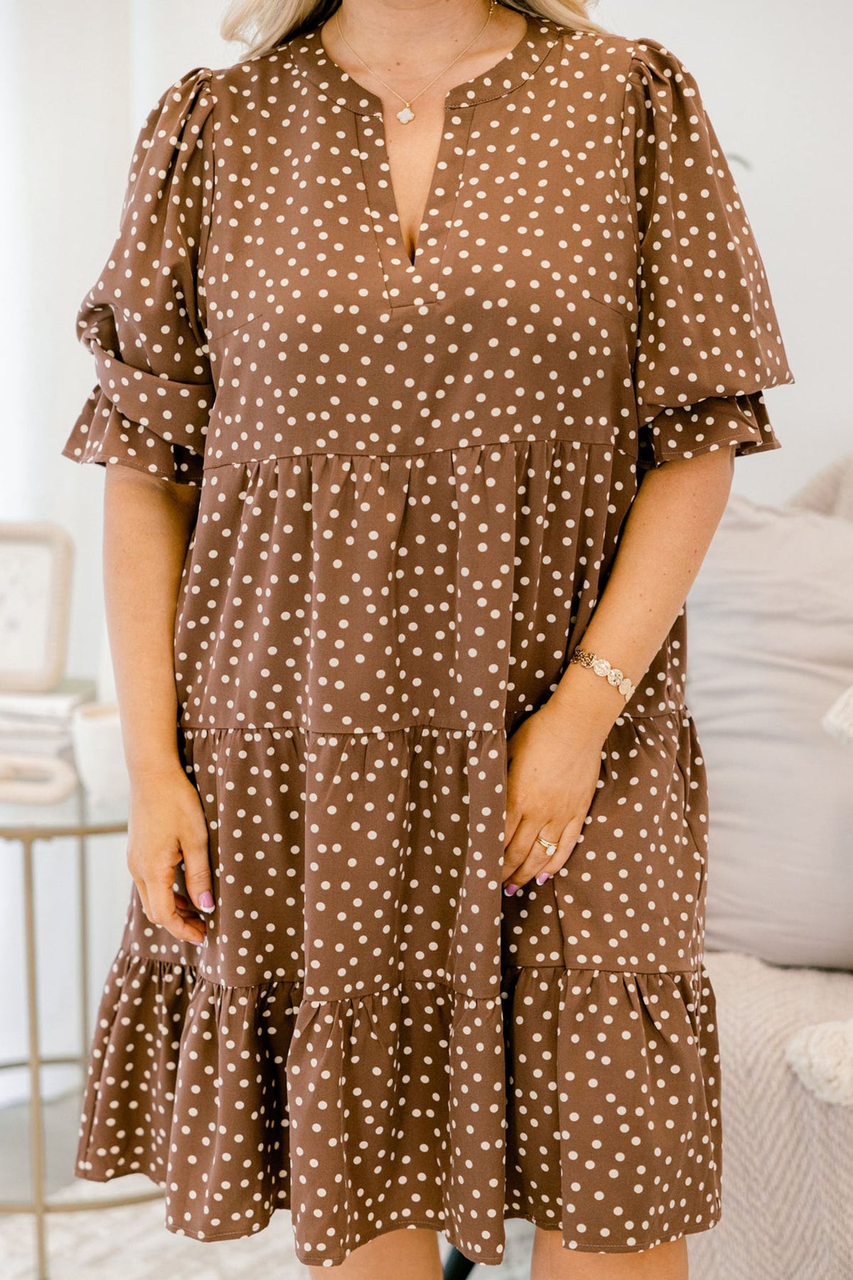 Plus Size Brown Polka Dot Long Sleeve V-Neck Shift Dress 1X to 4X