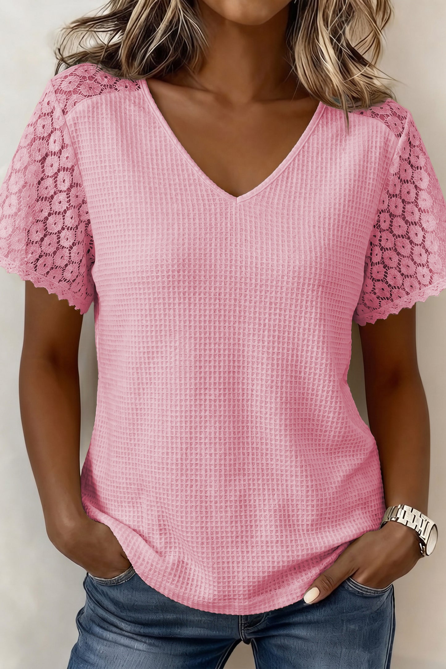 Womens Lace Trim Waffle Knit V Neck Top S–XL