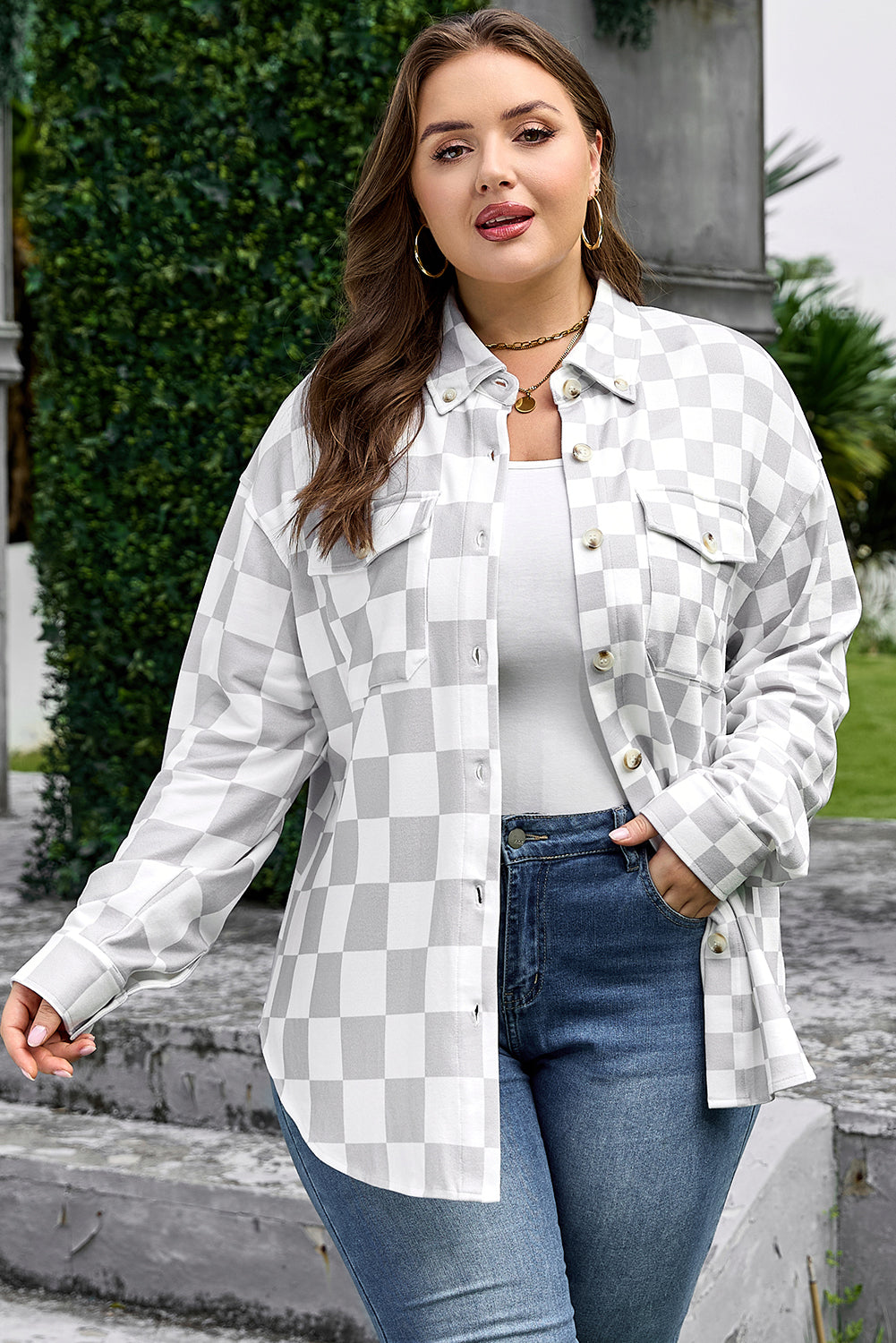 Checkered Button-Down Western Jacket | Plus Size | Khaki | 1X–4X