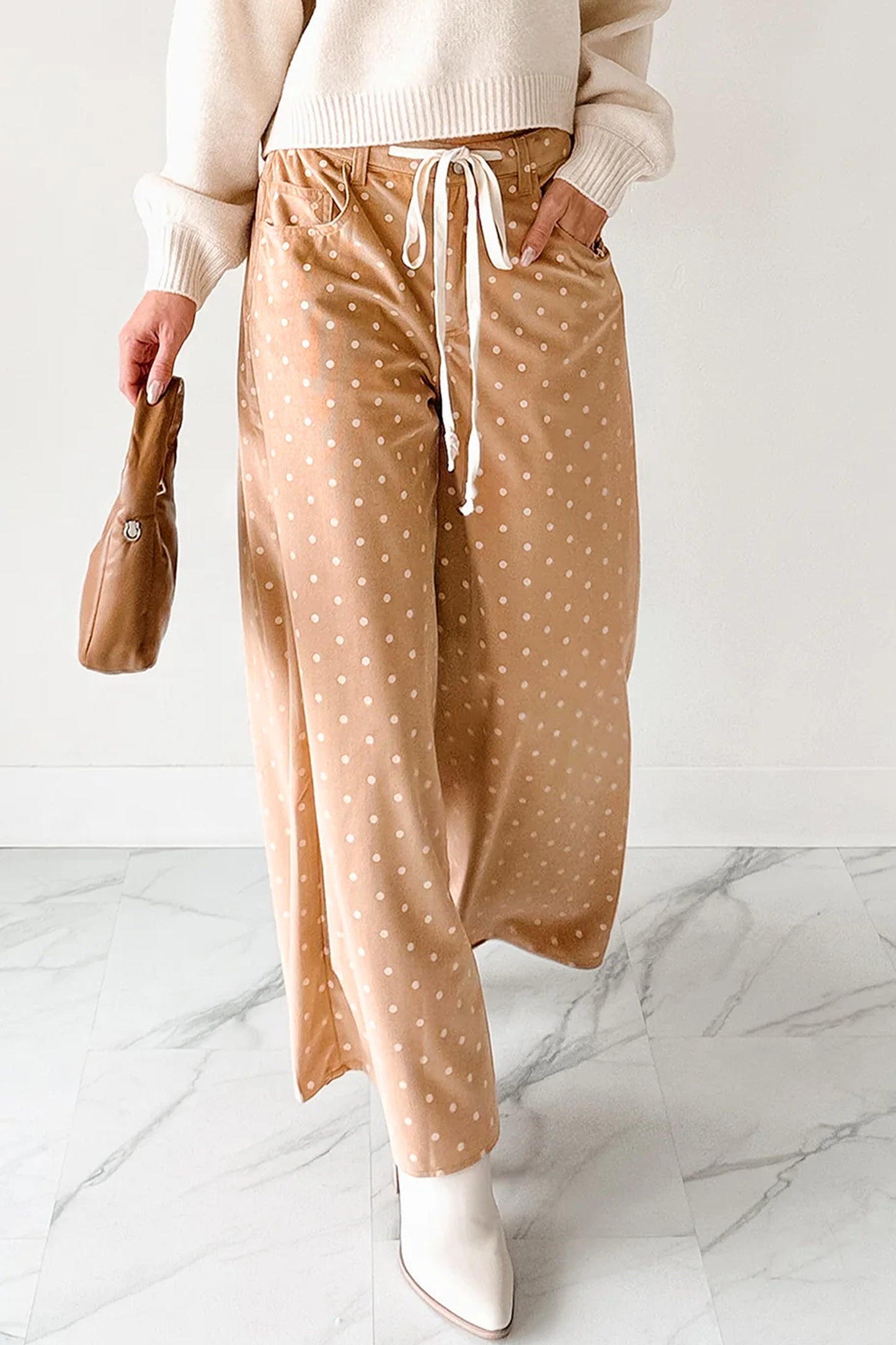 Cream Polka Dot Print Drawstring Wide Leg Pants