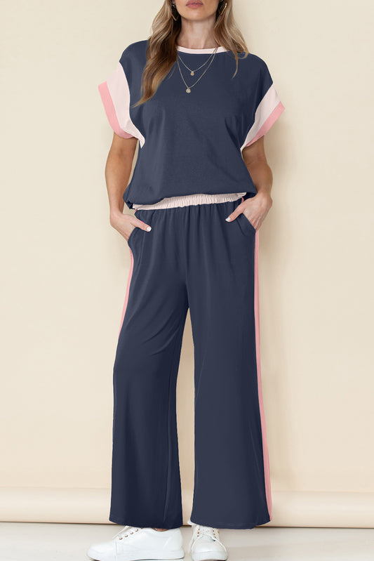 Color Block Crew Neck Cap Sleeve Top & Ankle Wide Leg Pants Set | S–2XL | 7 Colours