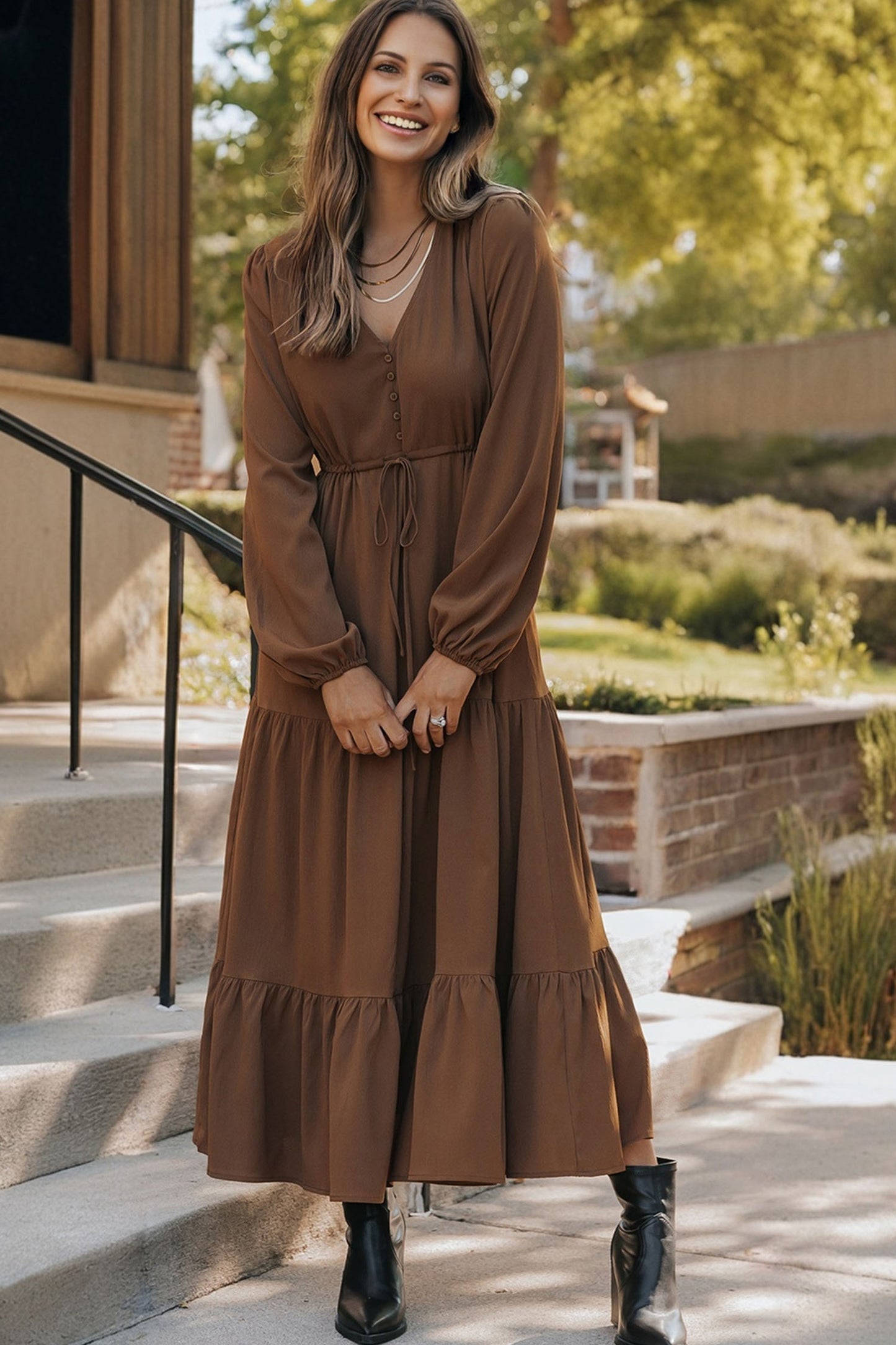 Solid Long Sleeve Button V-Neck Tiered Drawstring Waist Maxi Dress