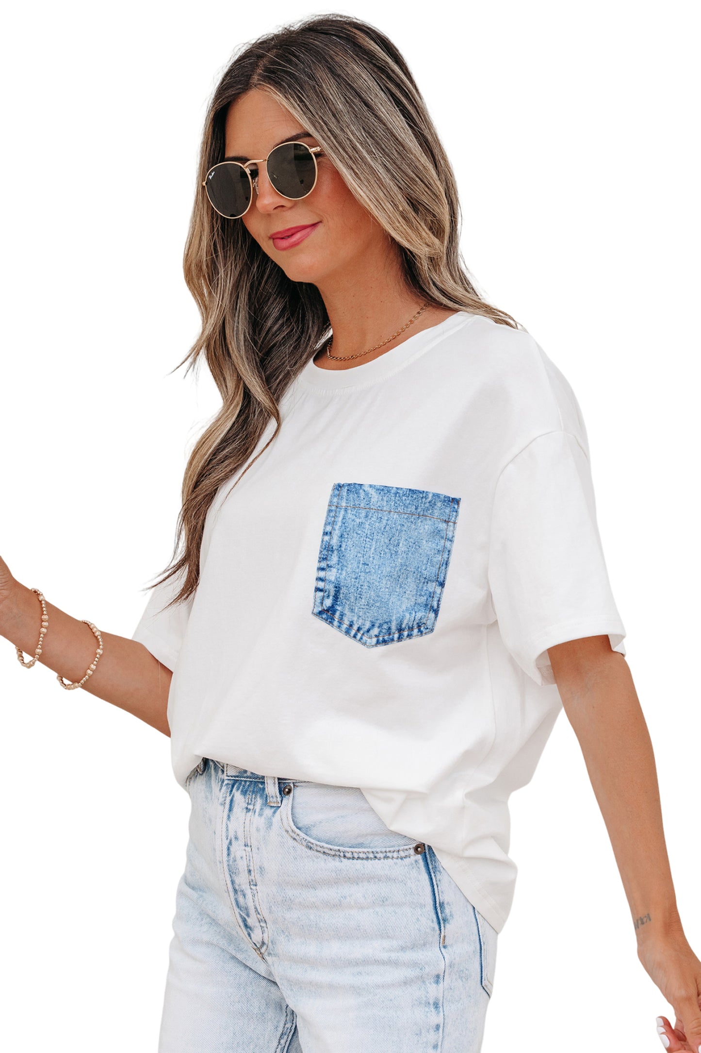 Color Block Short-Sleeve Top with Printed Patch Pocket | Sail Blue & White