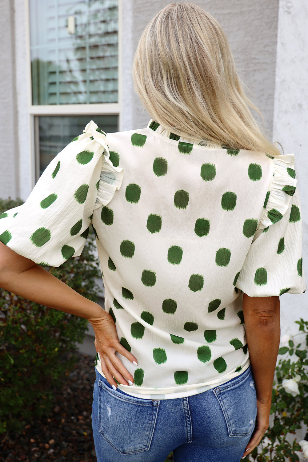 Apricot Polka Dot Shirred Yoke Frilled Collar Notched Neck Balloon Sleeve Blouse – Women's Romantic Statement Top (S–XL)