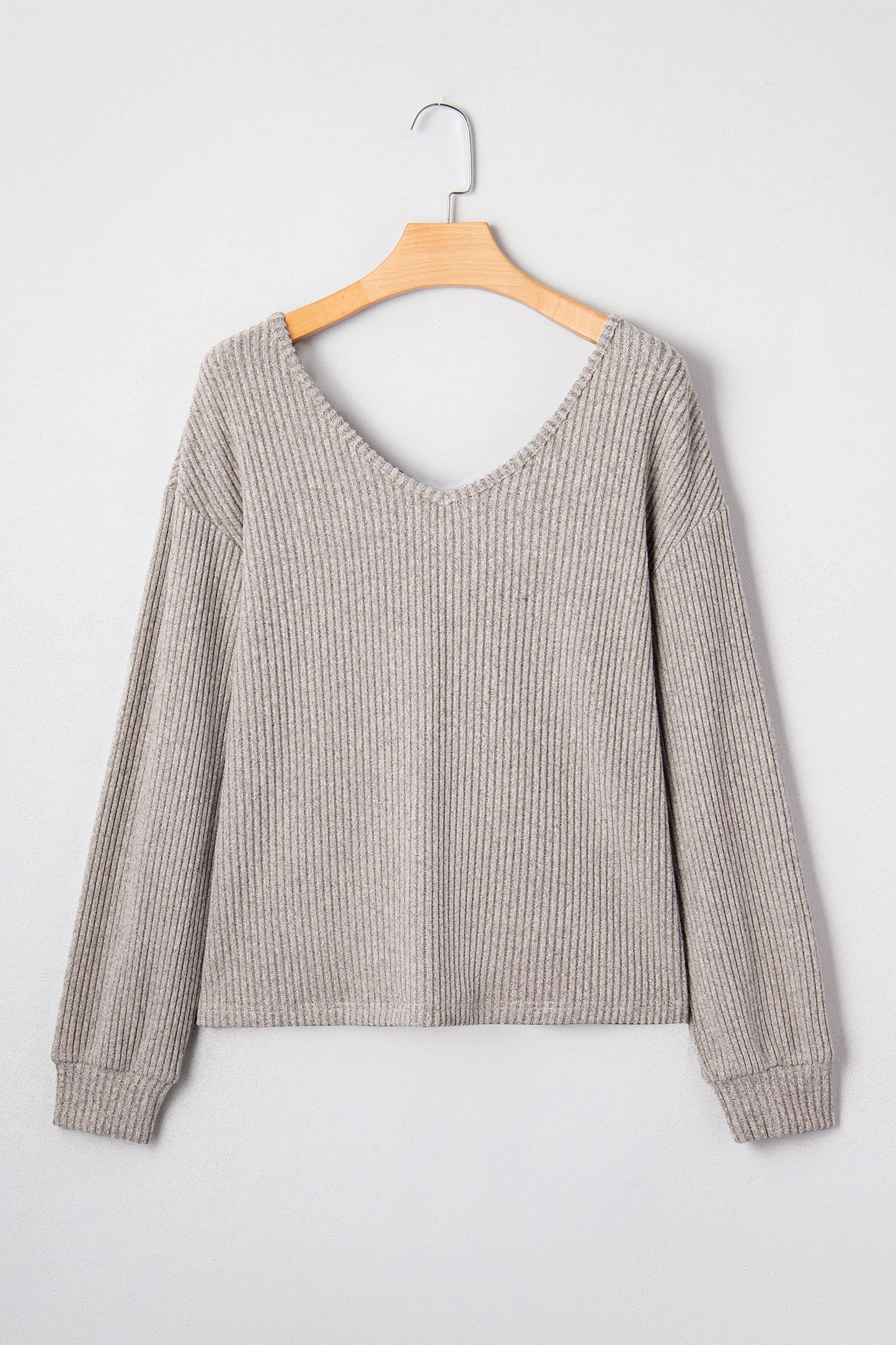 Ribbed V-Neck Bow Back Drop Shoulder Top in Light Taupe