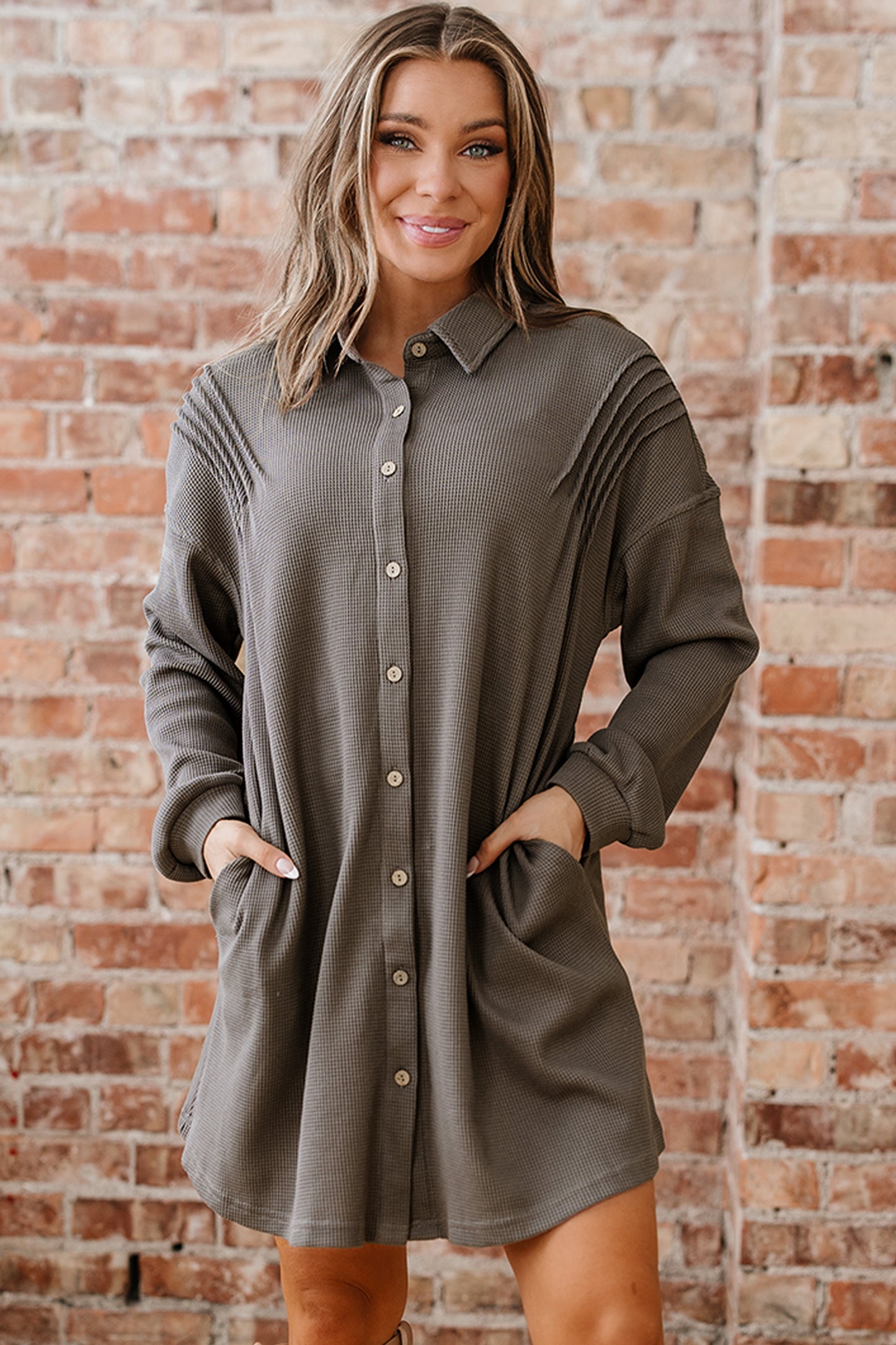 Taupe Waffle Knit Shirt Tunic Dress