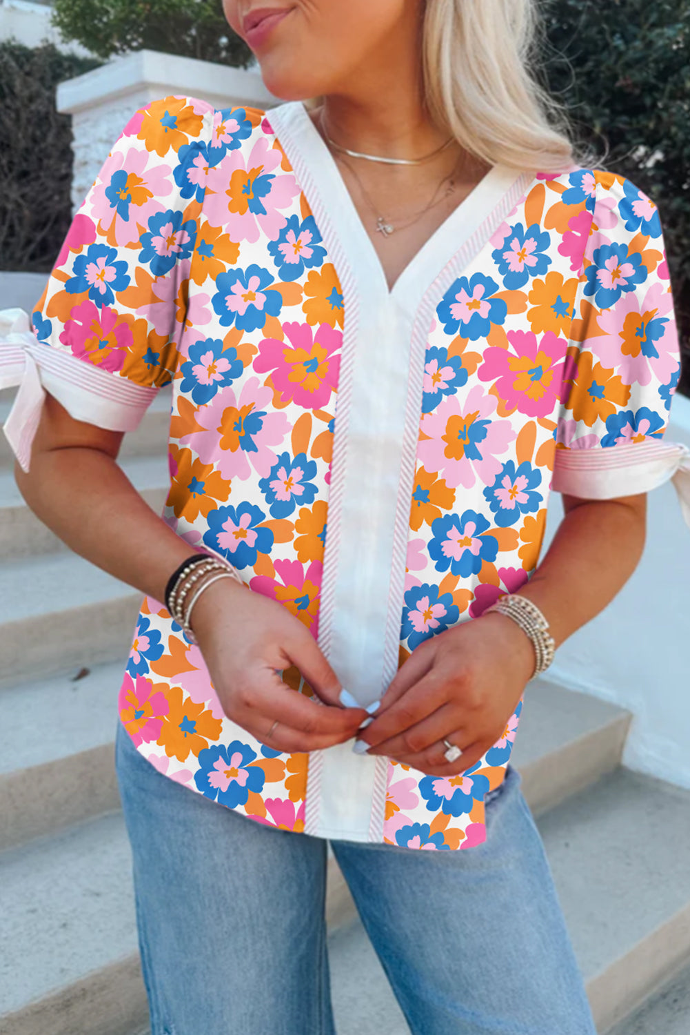 White Floral Colorblock Striped Edge V-Neck Knotted Short Sleeve Blouse – Women's Chic Cotton Top (S–XL)
