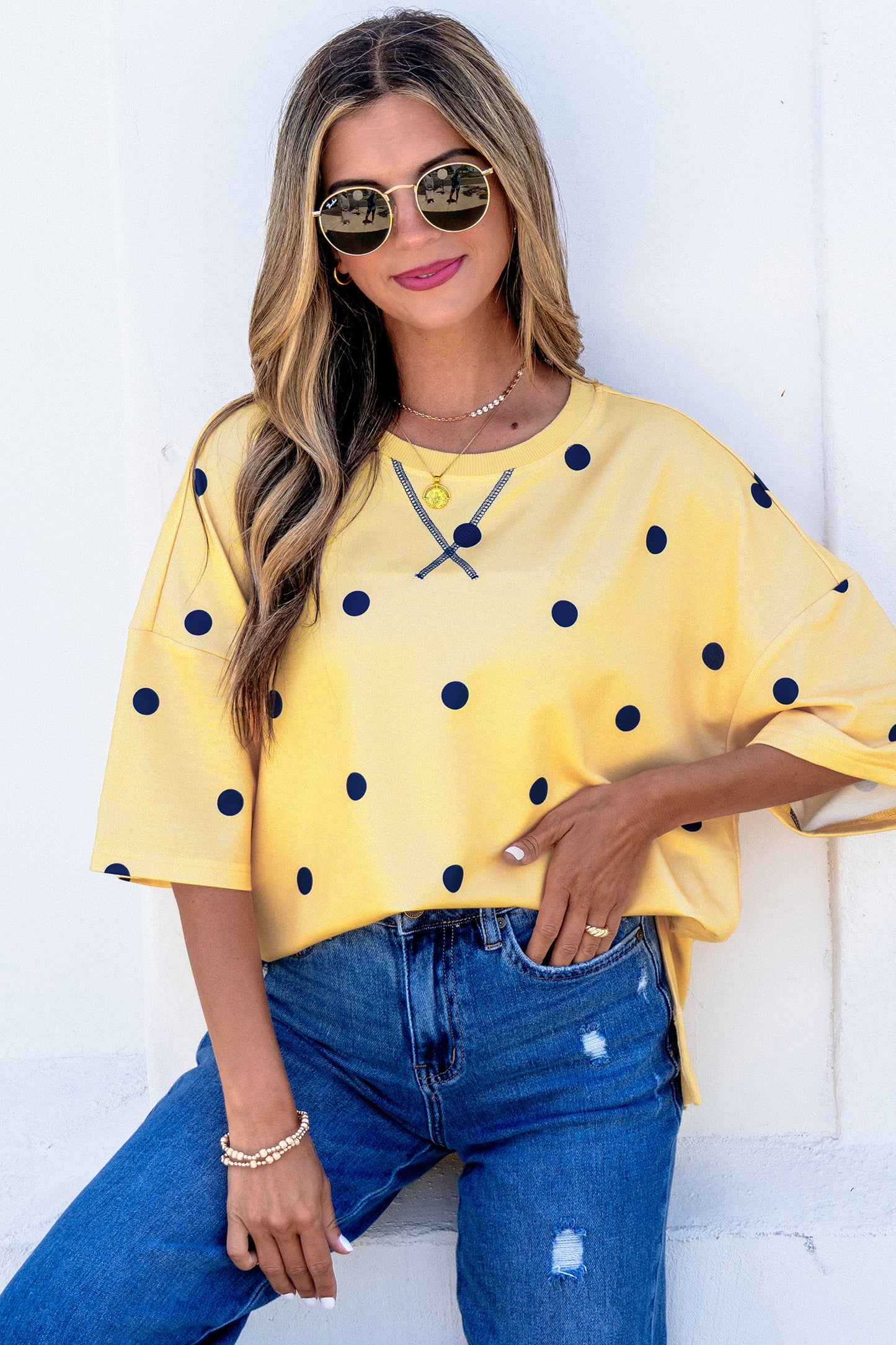Womens Yellow Polka Dot Oversized Shirt S to XL
