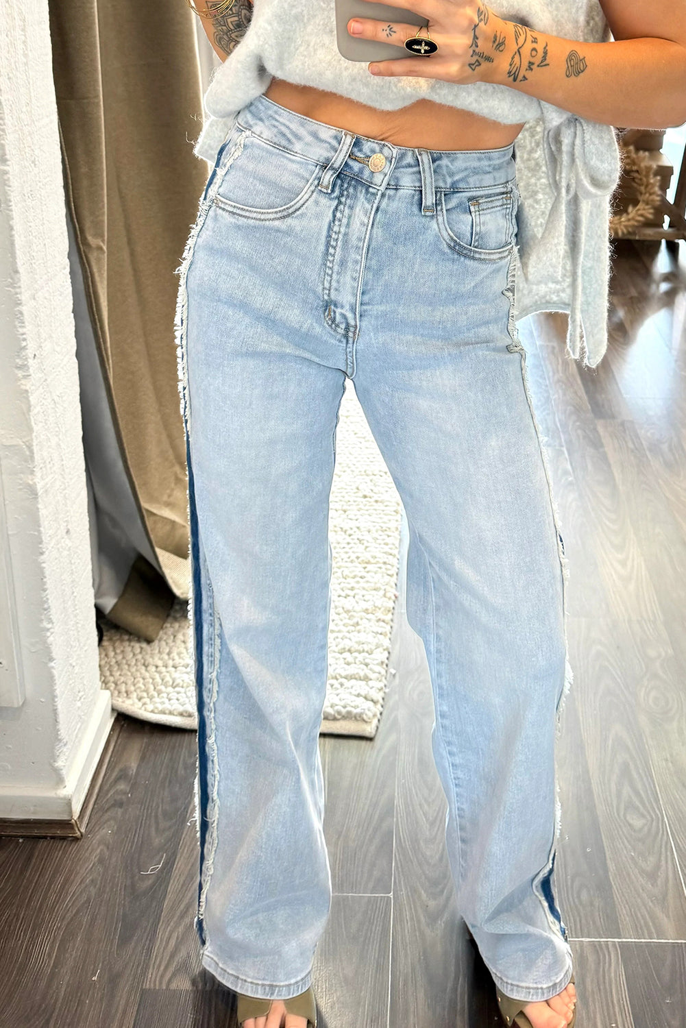 Blue Contrast Stripe Frayed Side Panel Patchwork Shift Jeans
