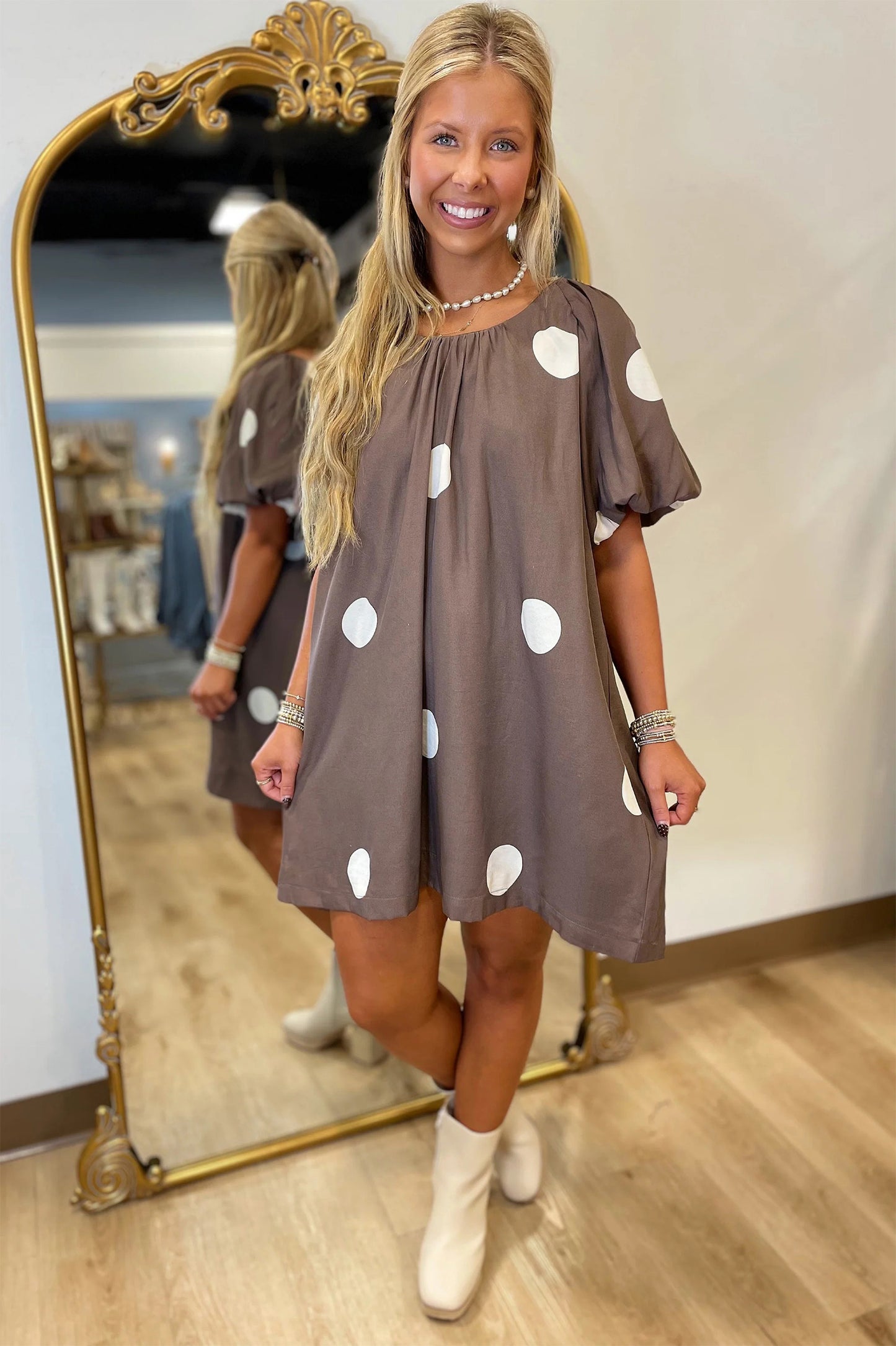 Brown Polka Dot Mini Dress Women S–XL