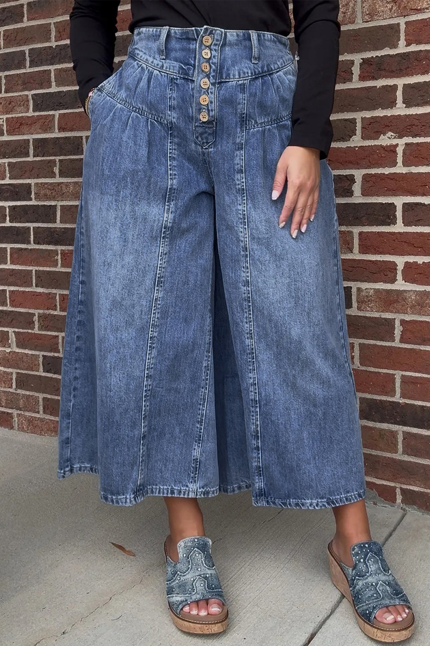 High-Rise Pleated Wide-Leg Cropped Denim Jeans | Dusk Blue