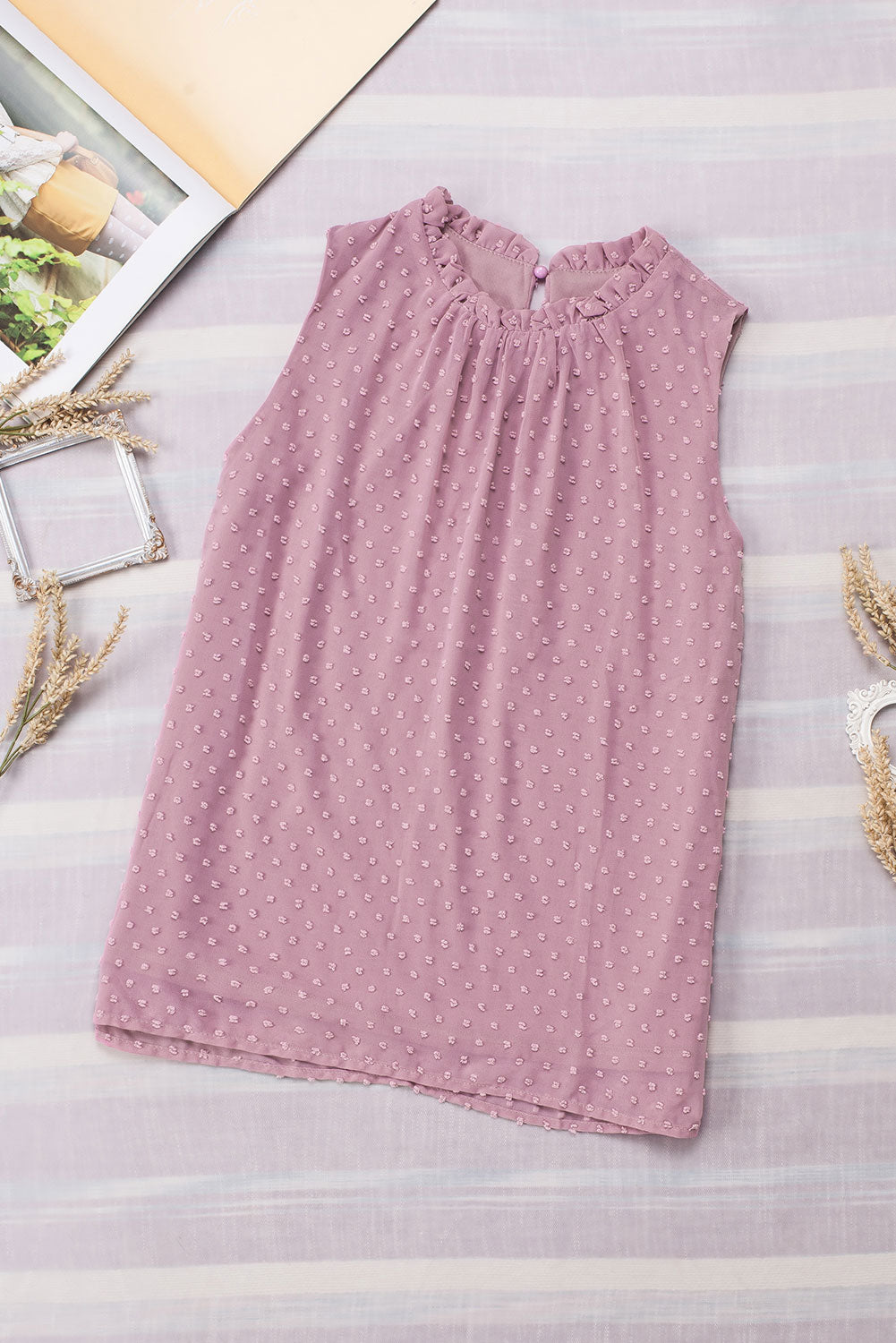 Swiss Dot Ruffle Neck Sleeveless Tank Top