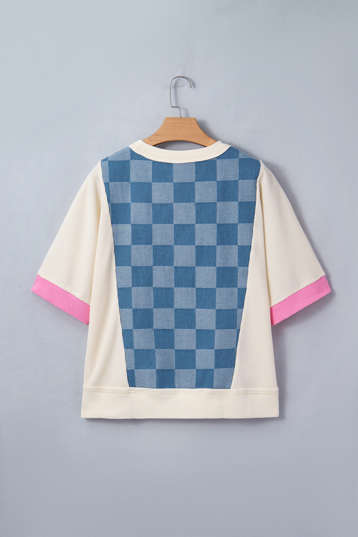 Dusk Blue Checkered Denim Patchwork Short Sleeve Loose Top | S–XL