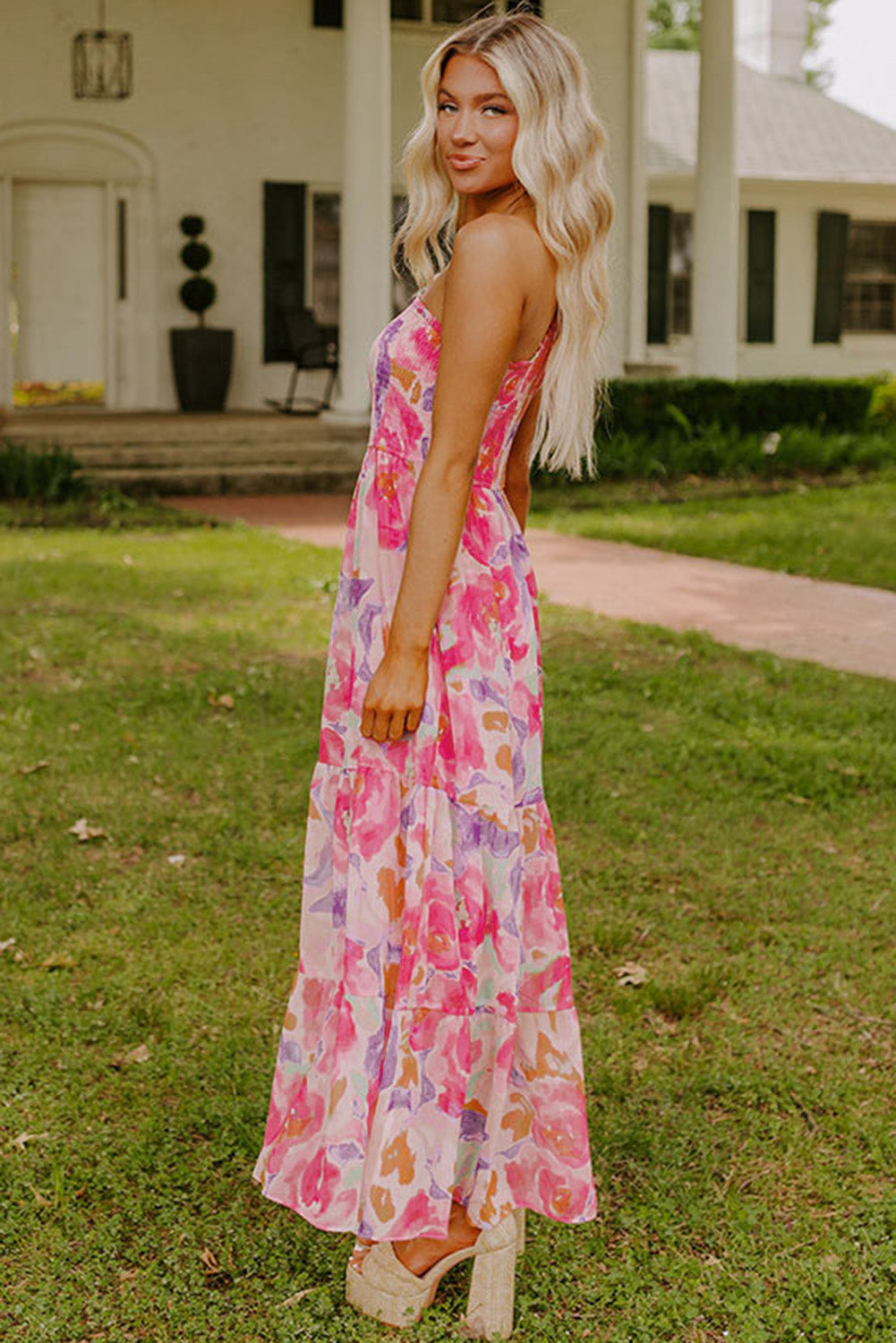 Abstract Floral Shirred One Shoulder Maxi Dress | Pink | S–XL