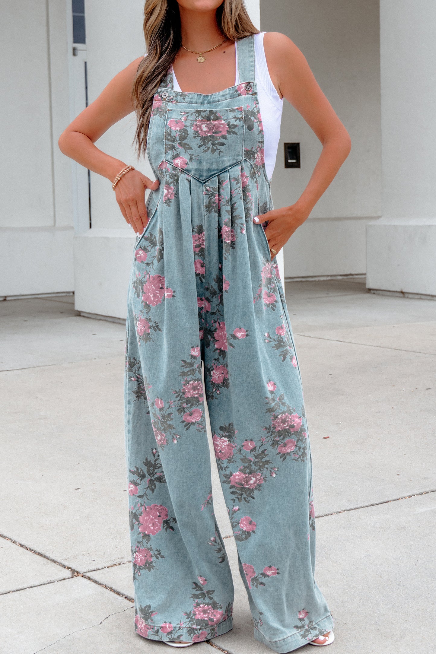 Floral Denim Wide Leg Jumpsuit Women S–XL