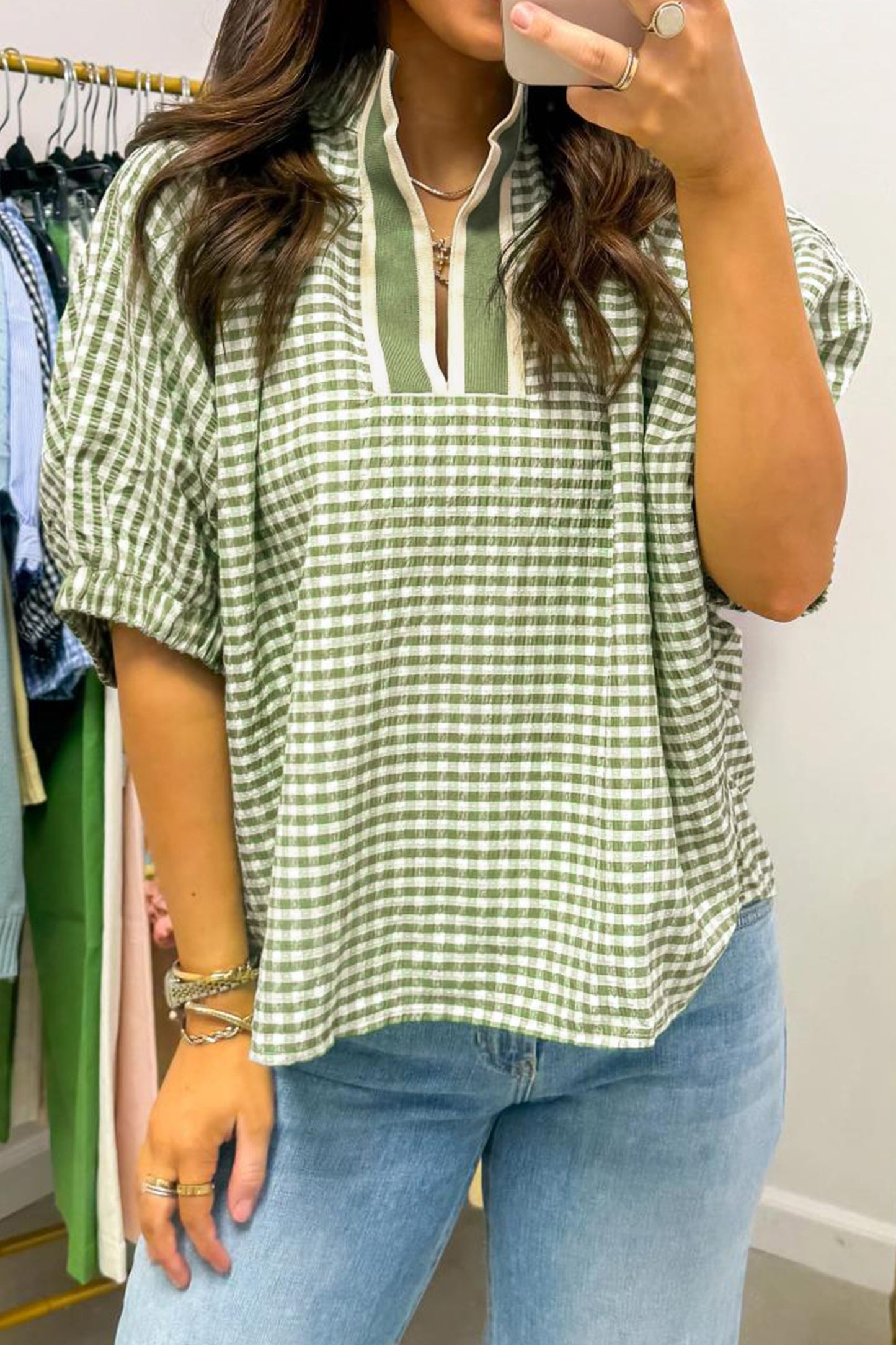 Plaid Short Sleeve Colorblock Blouse Women S–XL
