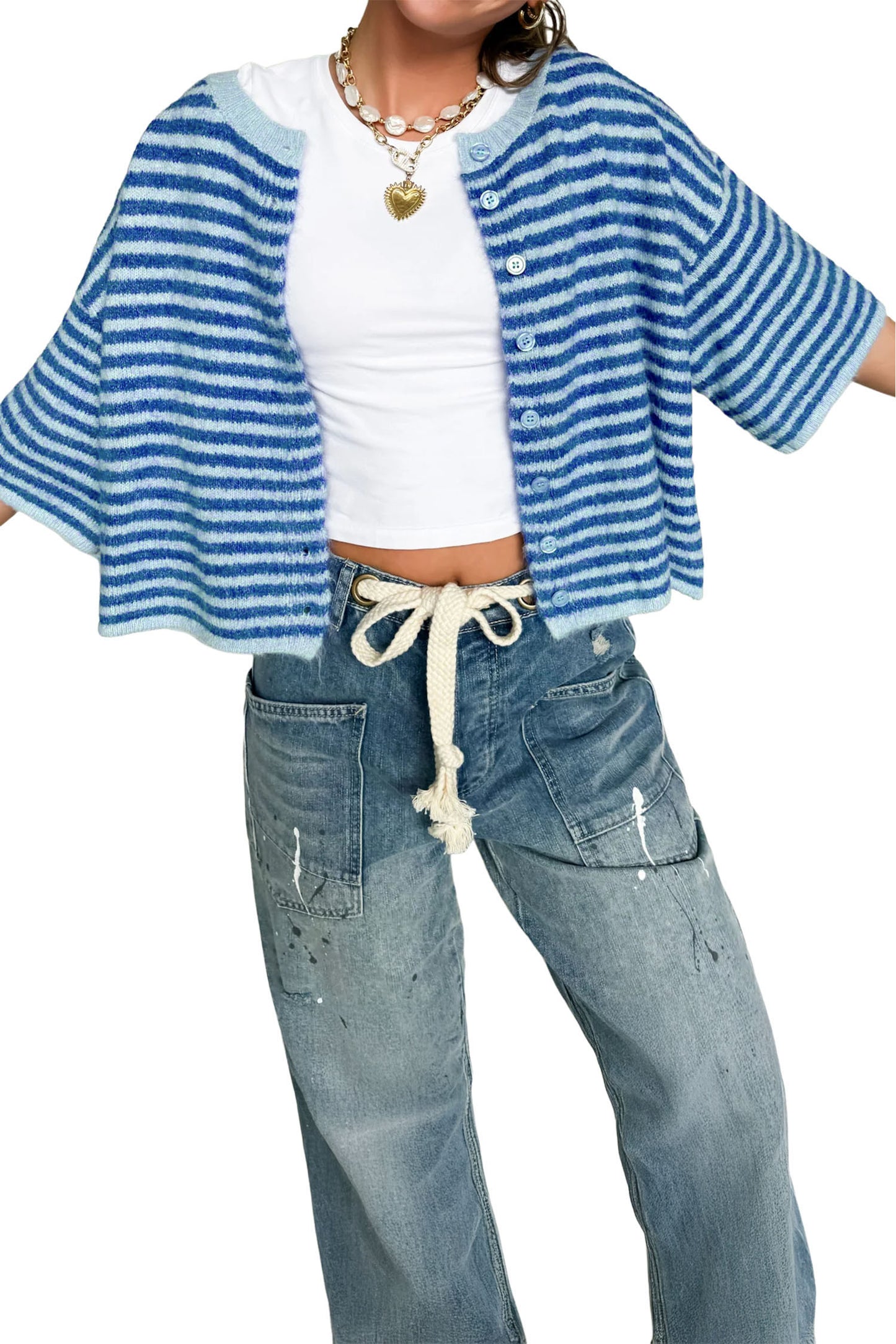 Blue Stripe Knit Button-Down Cardigan – Women S–XL