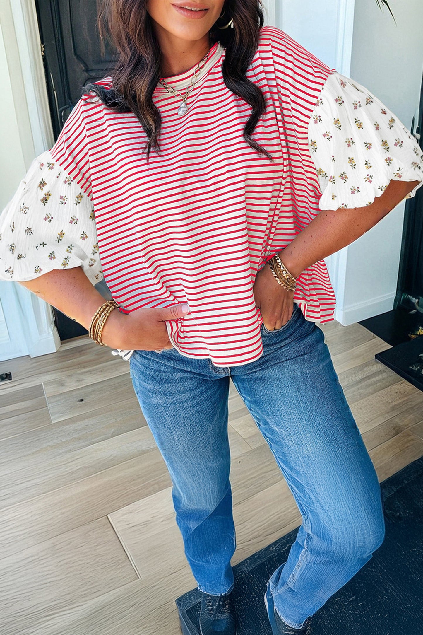 Striped Floral Puff Sleeve Top Women S–XL