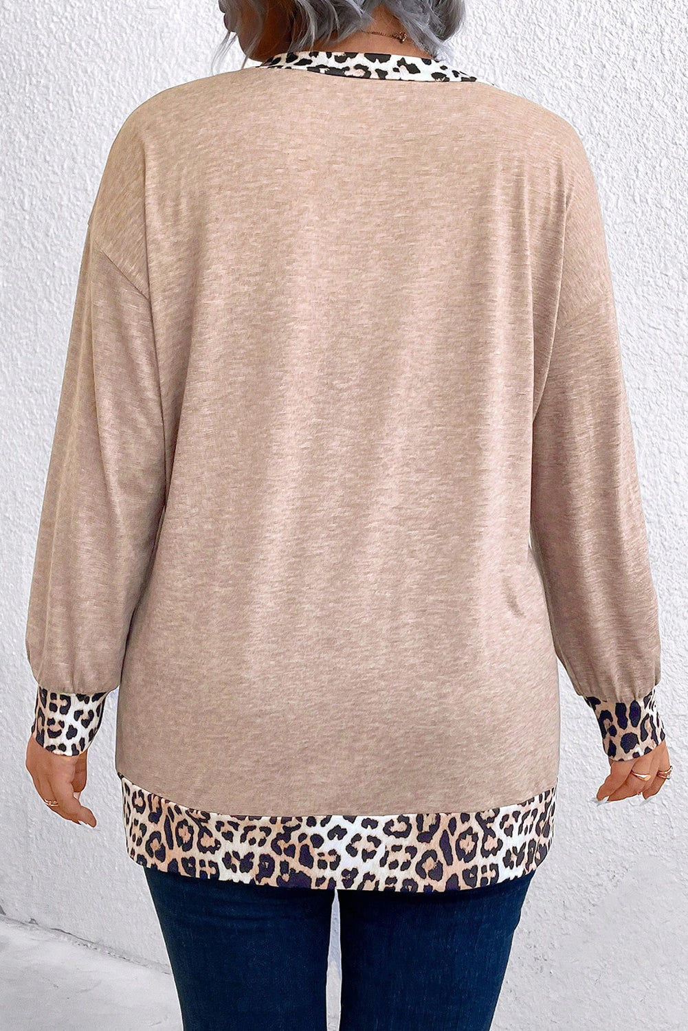 Leopard Trim V-Neck Long Sleeve Top – Khaki Plus Size 1X–4X