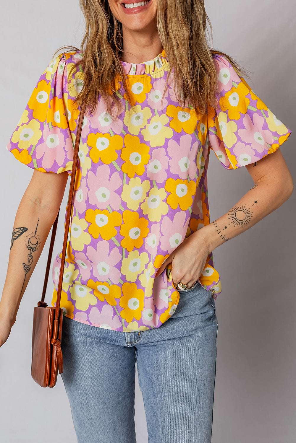 Floral Frilled Neck Puff Sleeve Blouse