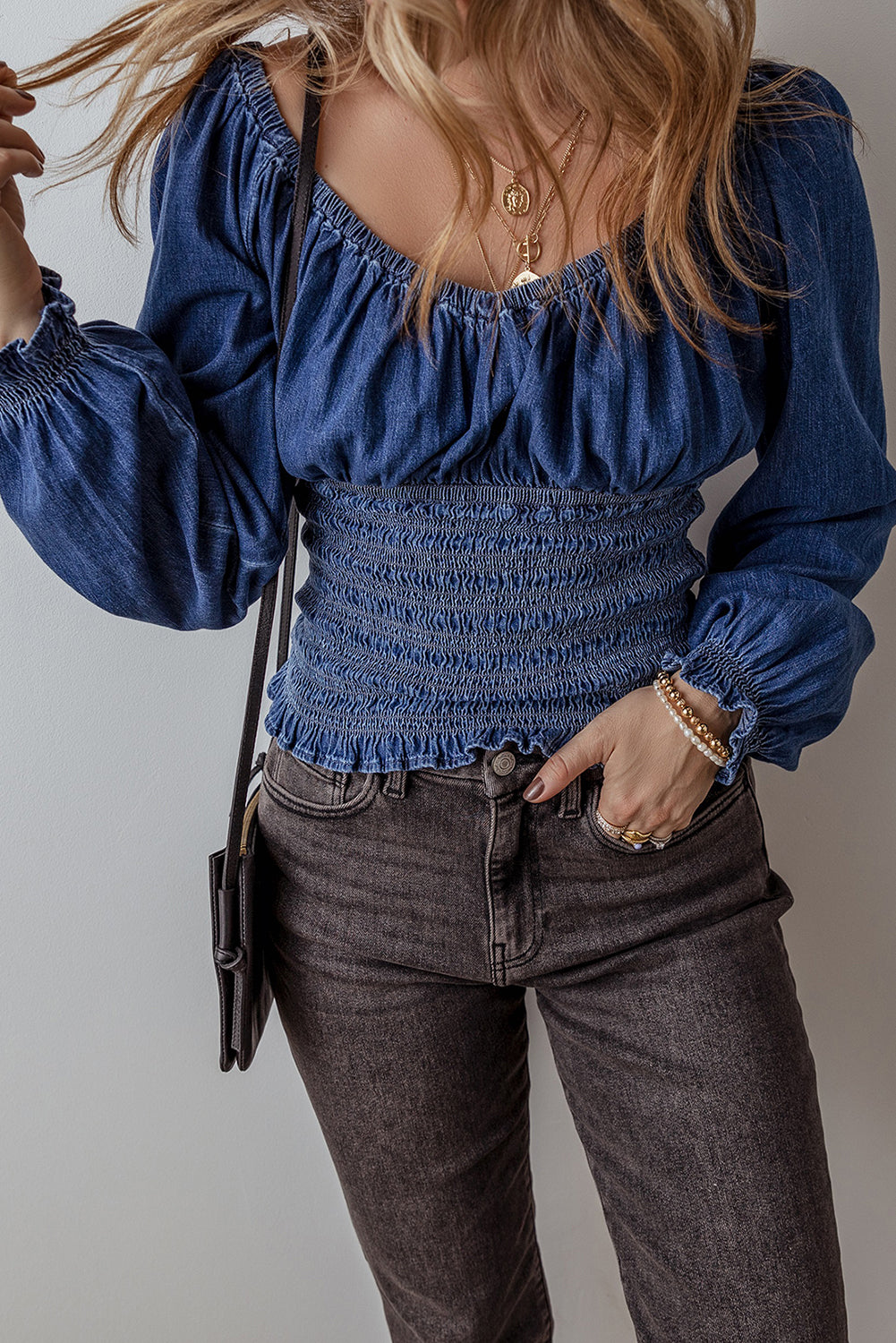 Smocked Ruffled Puff Sleeve V-Neck Denim Blouse – Dark Blue Women S–XL