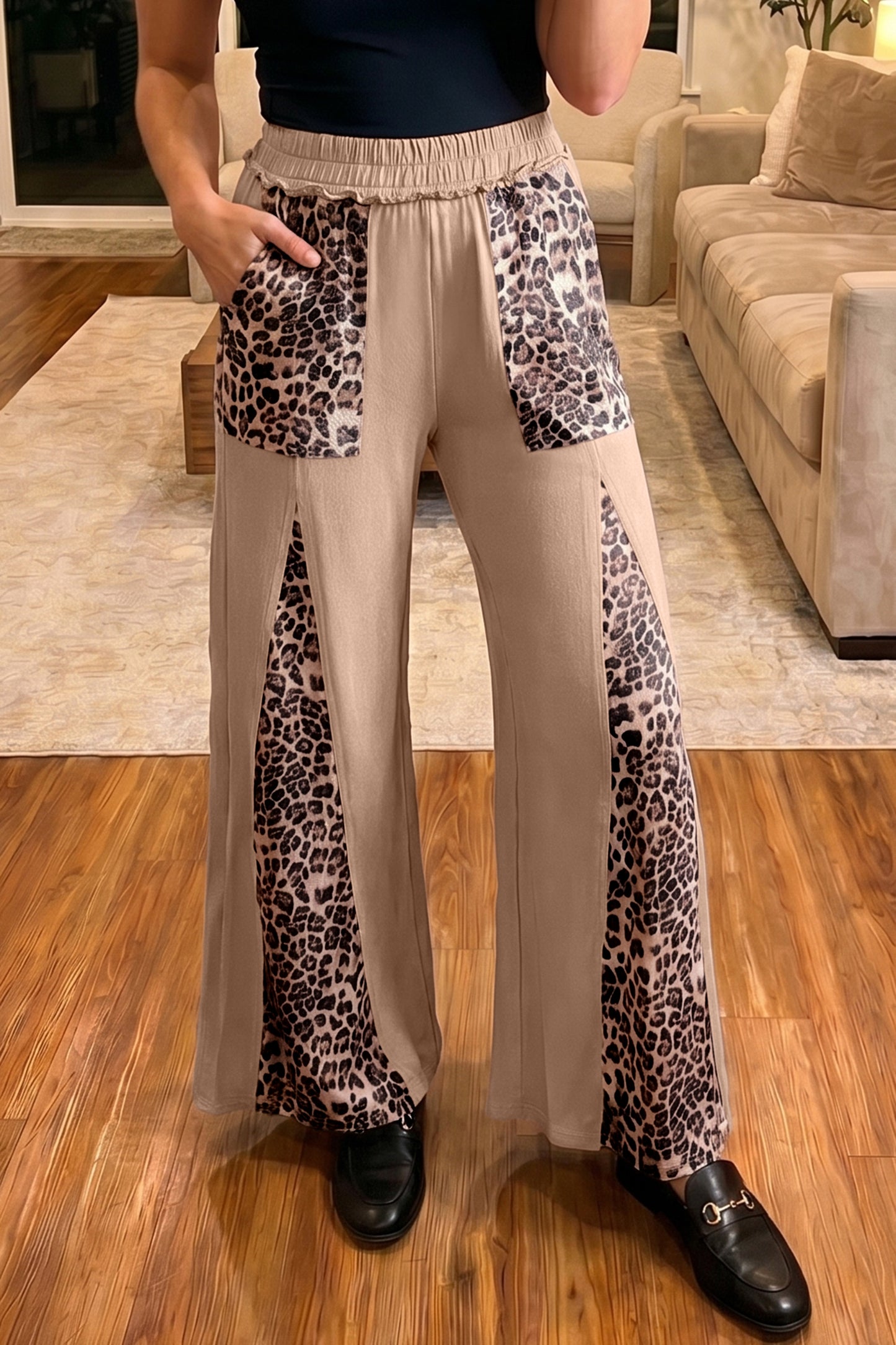 Mineral Wash Leopard Patchwork High Waist Wide Leg Pants in Tan