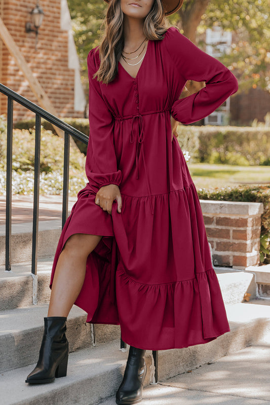 Solid Long Sleeve Button V-Neck Tiered Drawstring Waist Maxi Dress