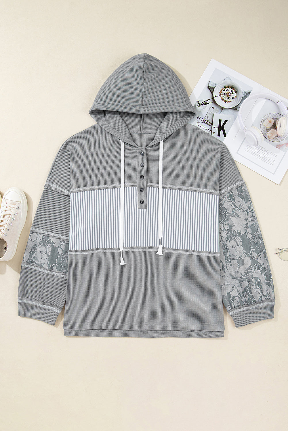 Waffle Knit Patchwork Half Button Hooded Top | Plus Size | Grey | 1X–4X