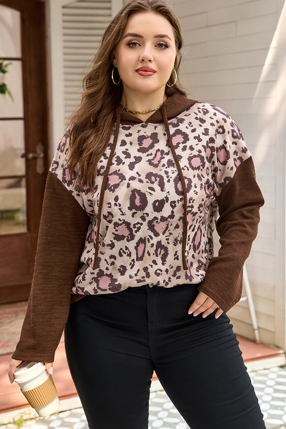 Leopard Print Knit Patchwork Hoodie | Plus Size | Brown | 1X–4X