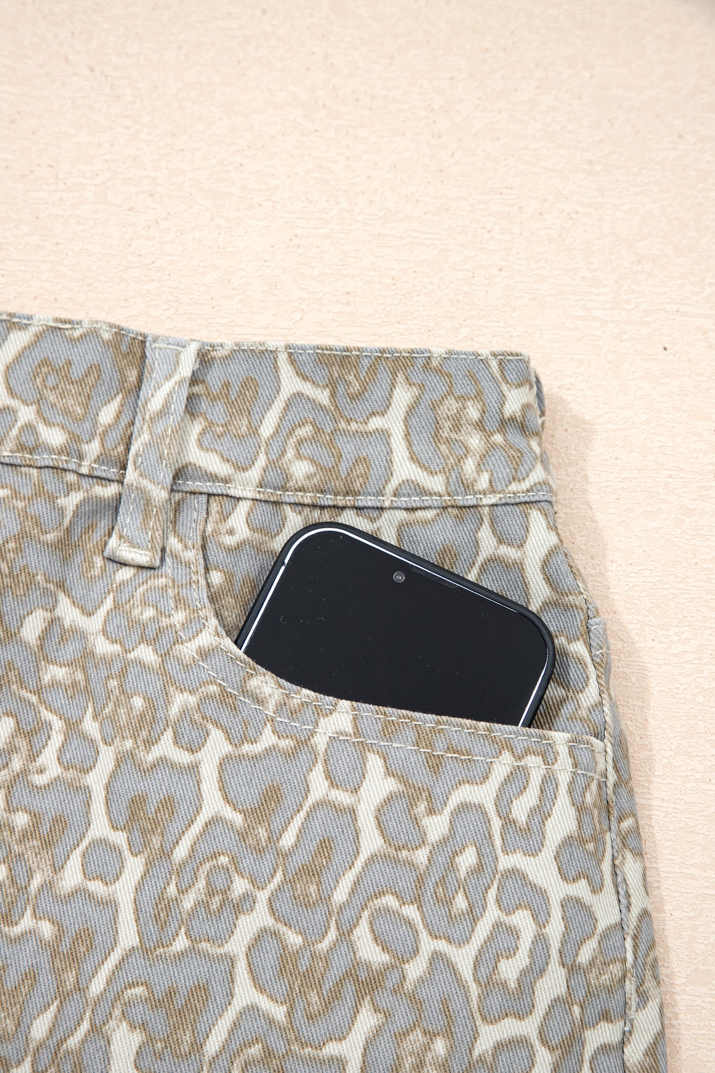 Leopard Print Raw Edge Denim Shorts | Khaki | US 4–16